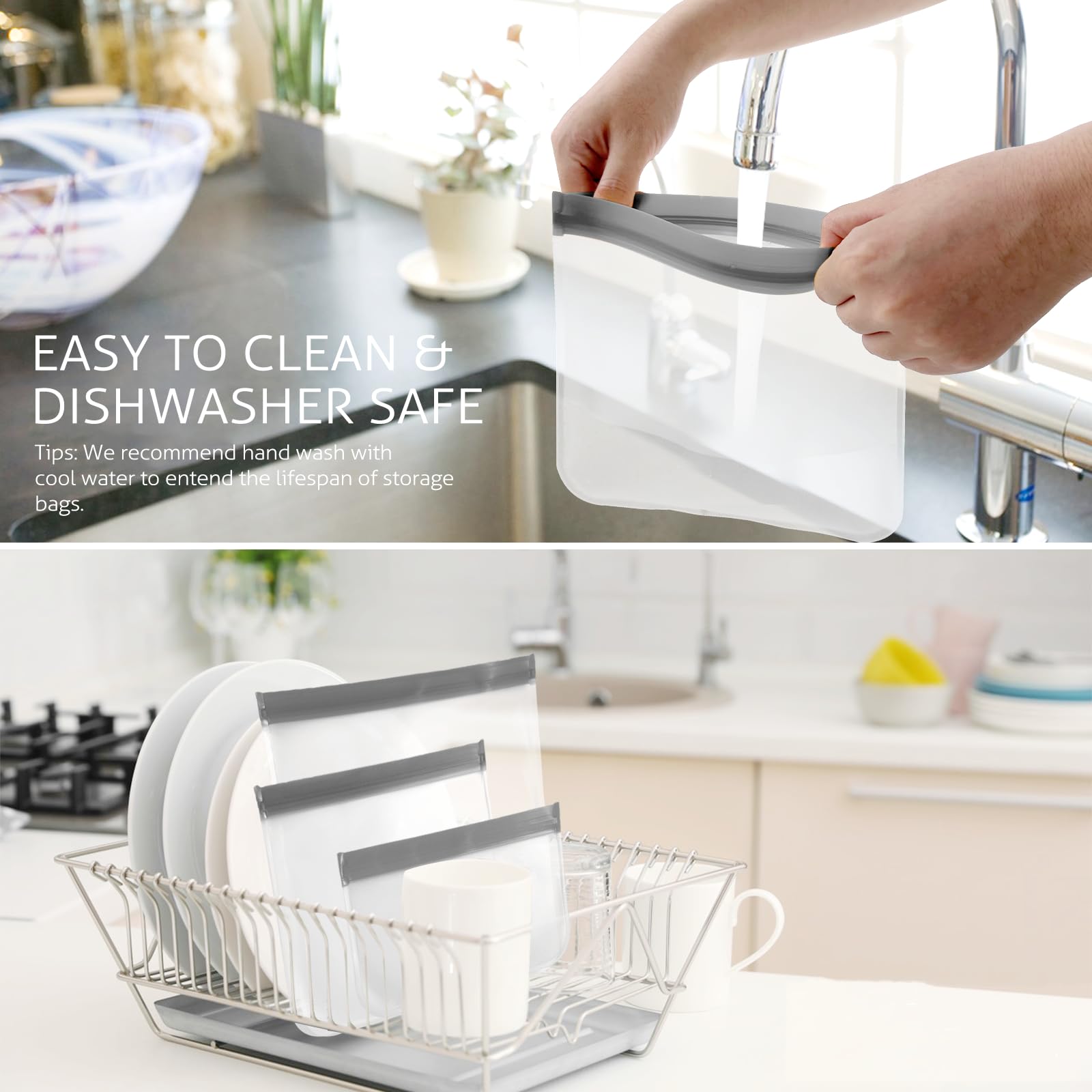 Reusable Gallon Freezer Bags, 10 Pack Dishwasher Safe Silicone Food Snack Storage Bags with 3 Sizes for Snack, Sandwich, Lunch