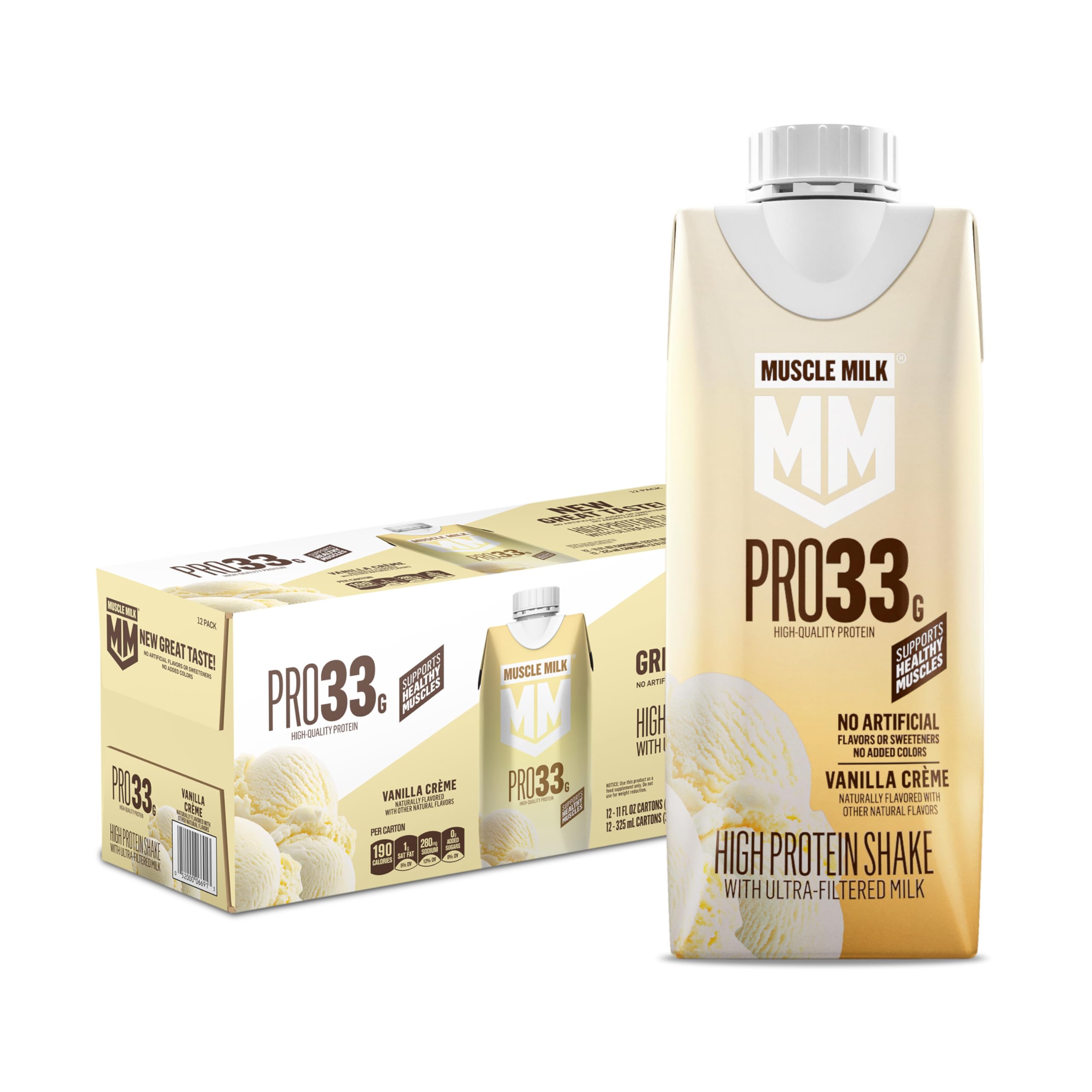 Muscle Milk Pro High Protein Shake, Strawberry, 11 fl oz Cartons, (12 Pack) Ultra Filtered Milk, 33g High Quality Protein Shake, 3g Sugar, 200 Calories, No Artificial Flavors or Artificial Sweeteners, No Added Colors