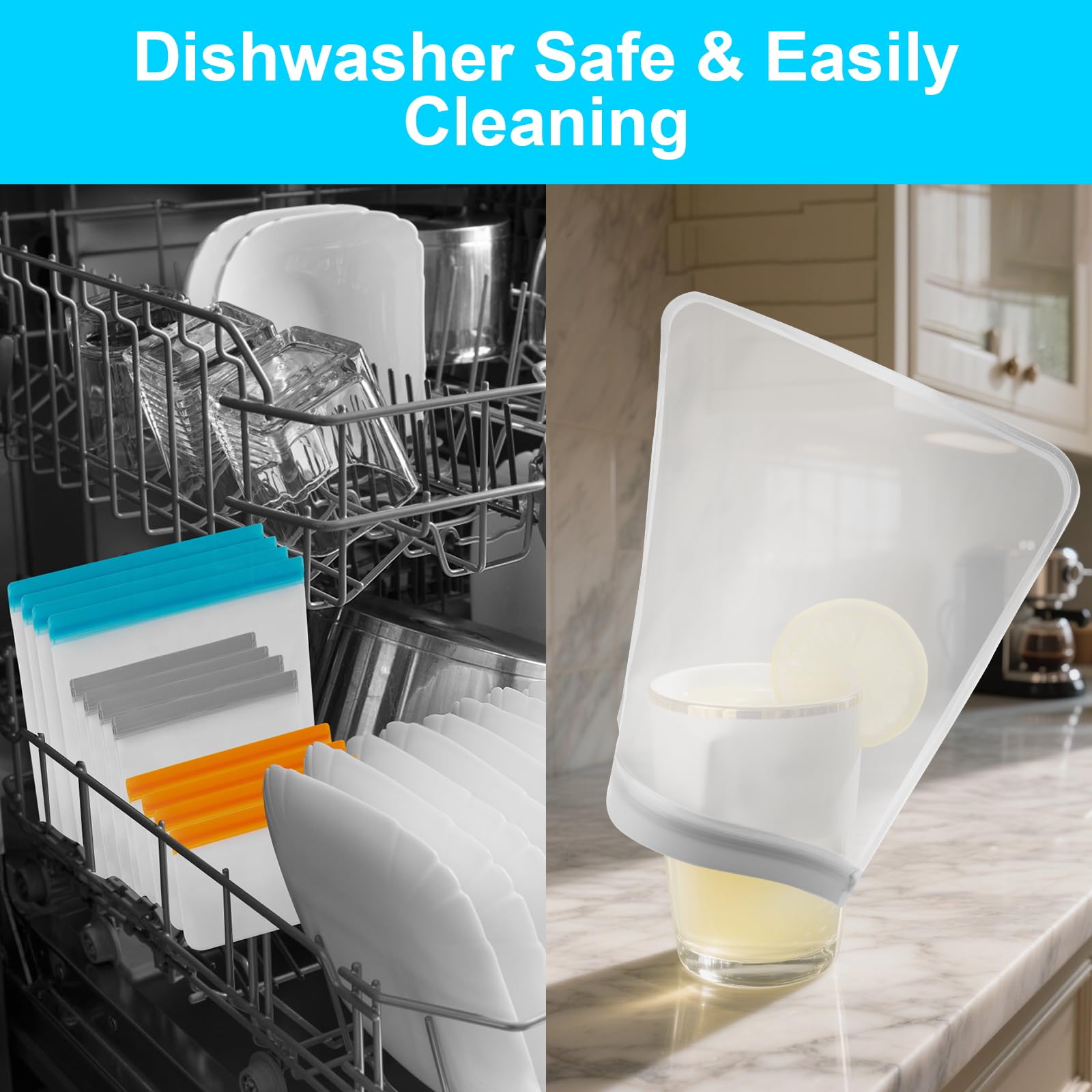 12 Pack Reusable Freezer Bags Dishwasher Safe, Leakproof Food Storage Bags, Silicone Bags for Food Storage Home Organization (4 Reusable Snack Bags 4 Sandwich Bags 4 Gallon Freezer Bags)