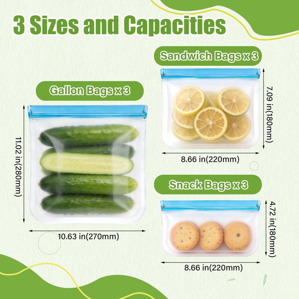 9 Pack Reusable Silicone Food Storage Bags - Freezer & Dishwasher Safe Leakproof Reusable Bags, Freezer Storage Bags Sets - 3 Gallon 3 Snack 3 Sandwich Bags