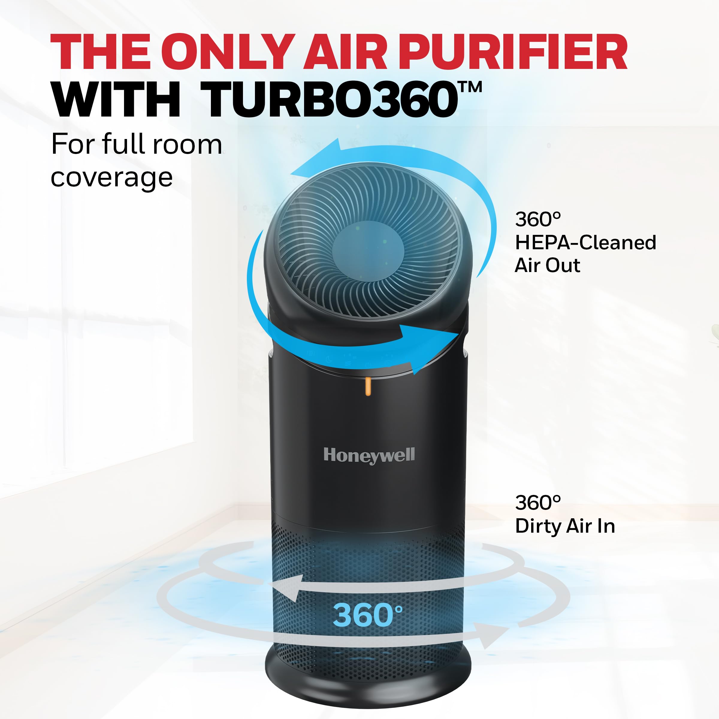 Honeywell Allergen Plus™ 3-in-1 HEPA Air Purifier Fan & Air Circulator, 1928 Ft² Rooms in 1 Hour, Air Quality Sensor, Sleep Mode, Reduces Allergens, Pet Dander, and Odors, White, HPA6000W