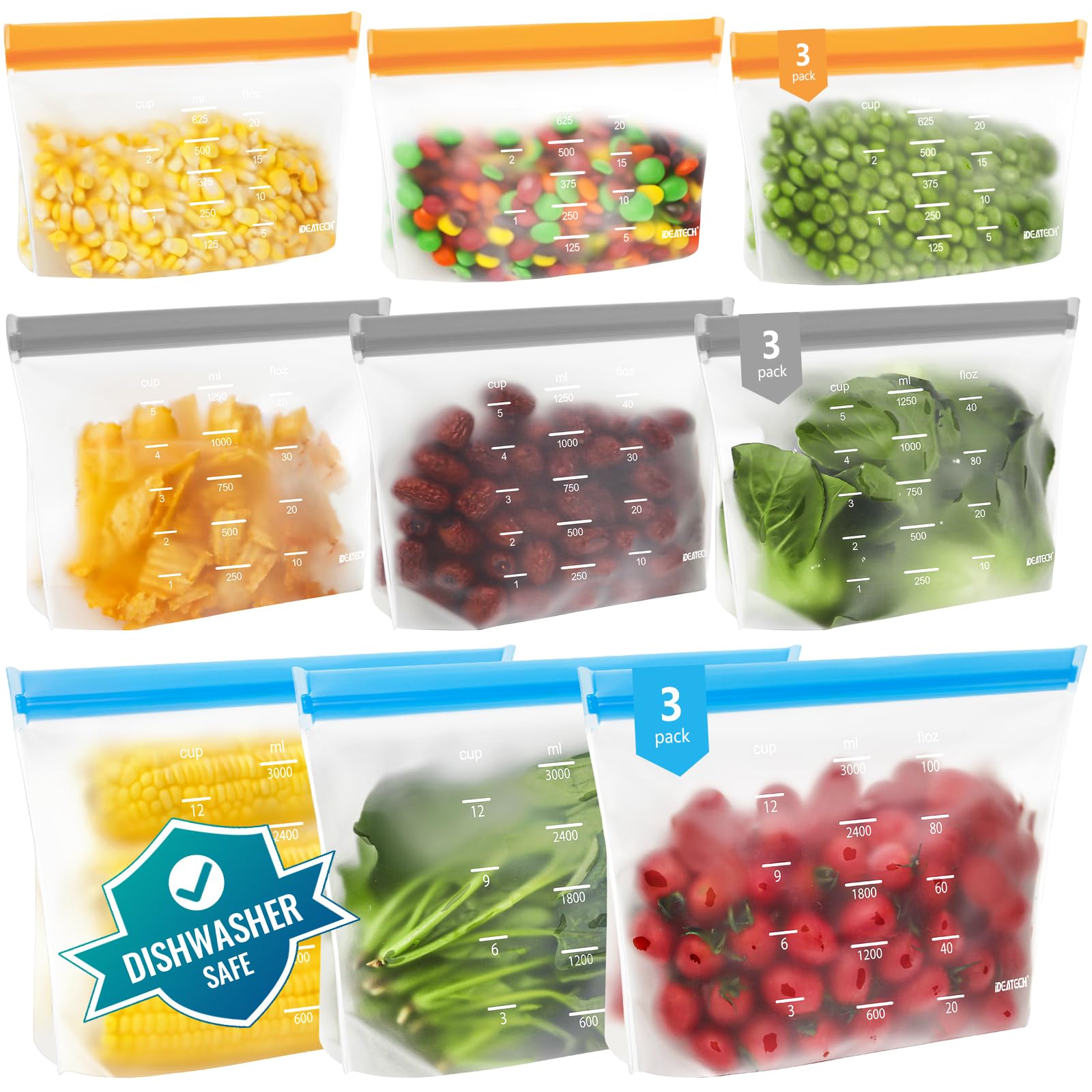 IDEATECH Reusable Bags Dishwasher Safe, BPA Free Reusable Gallon Freezer Bags, Stand Up Leakproof Food Storage Bags for Marinate Meats, Salad Fruit, Home Organization 6 Large+ 6 Sandwich+ 8 Snack Bags
