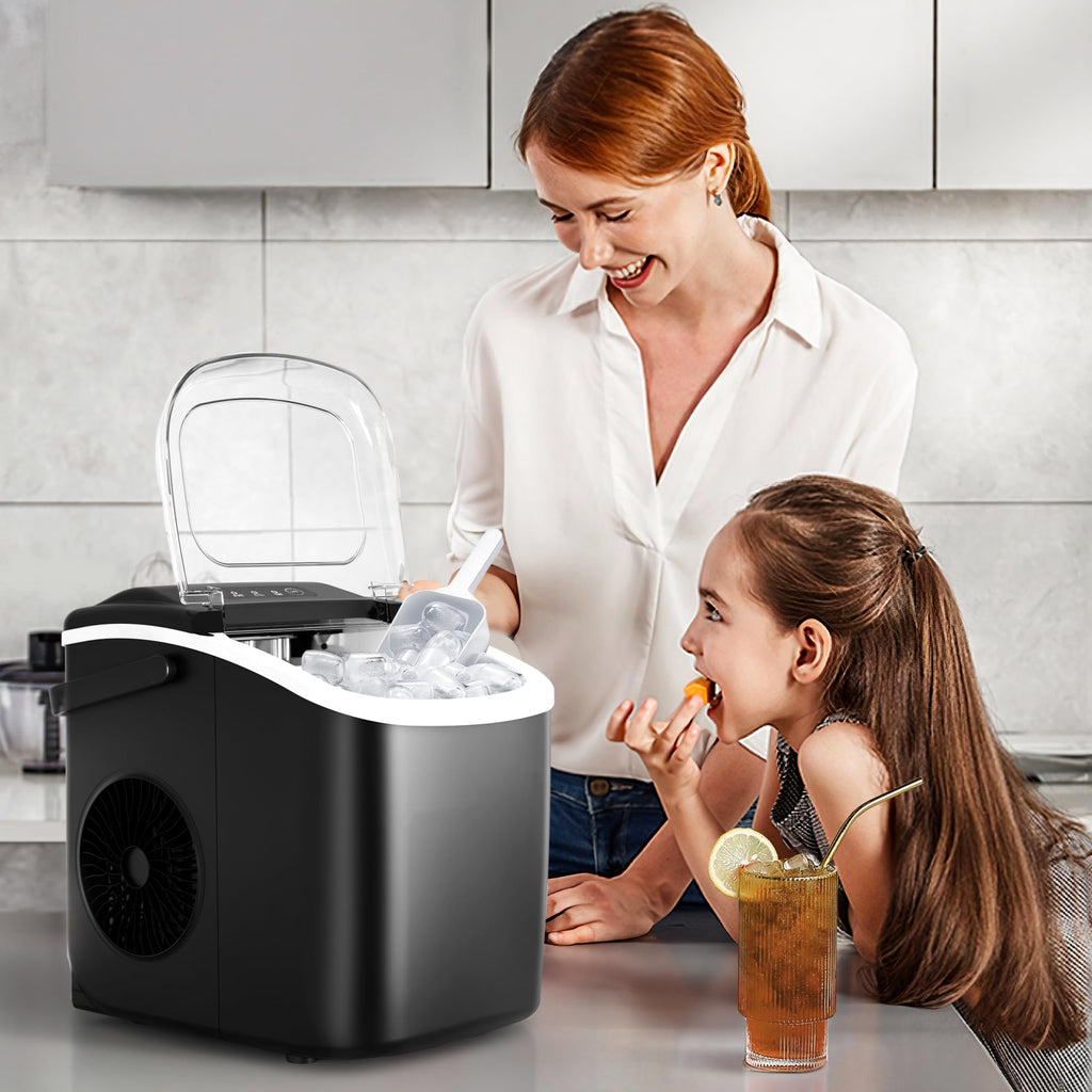 Countertop Portable Ice Maker Machine with Handle, 8 Bullet-Shaped Ice Cubes Ready in 6 Mins, 26Lbs/24H, Self-Cleaning Function with Ice Scoop and Basket for Home/Kitchen/Party (Black)