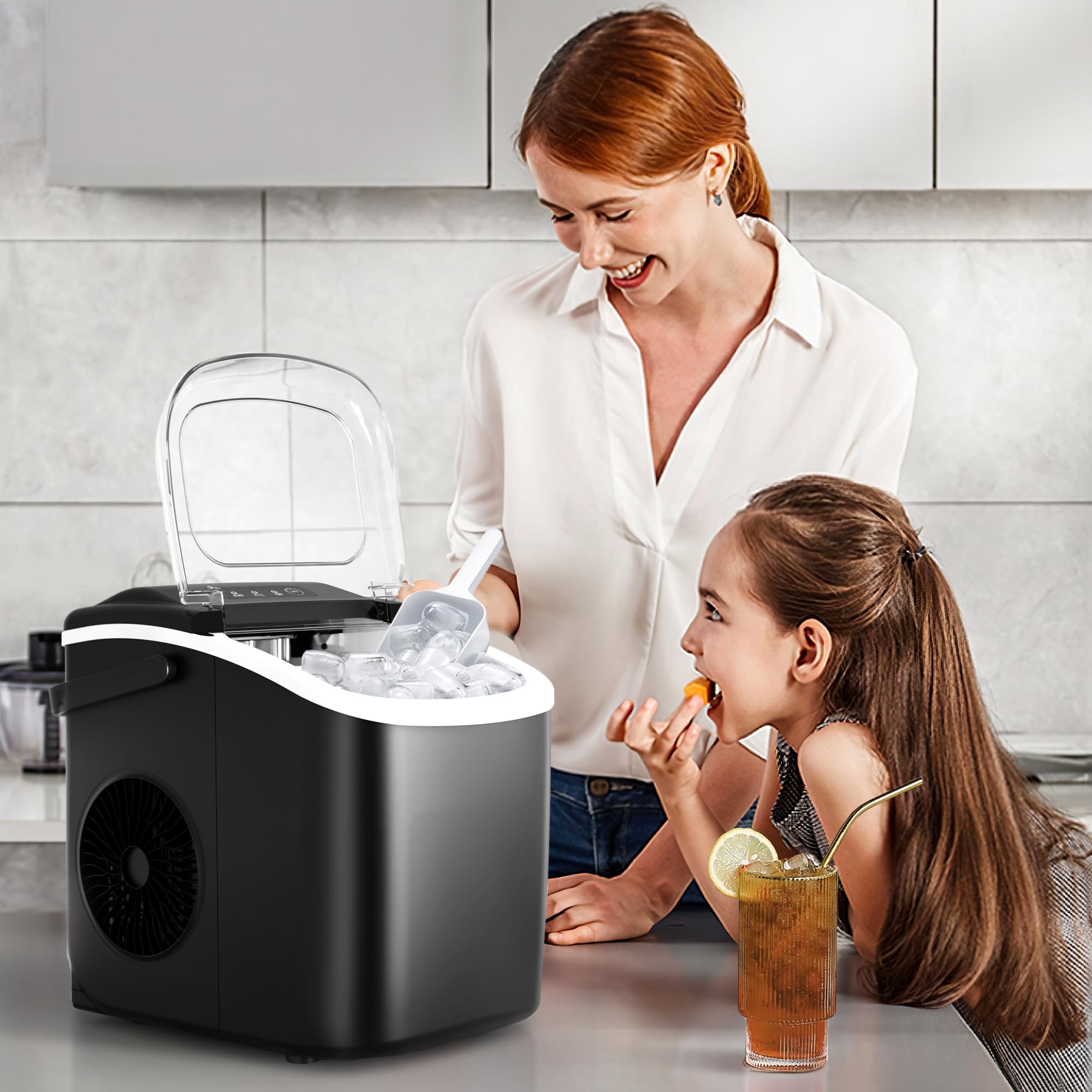 Countertop Portable Ice Maker Machine with Handle, 8 Bullet-Shaped Ice Cubes Ready in 6 Mins, 26Lbs/24H, Self-Cleaning Function with Ice Scoop and Basket for Home/Kitchen/Party (Black)