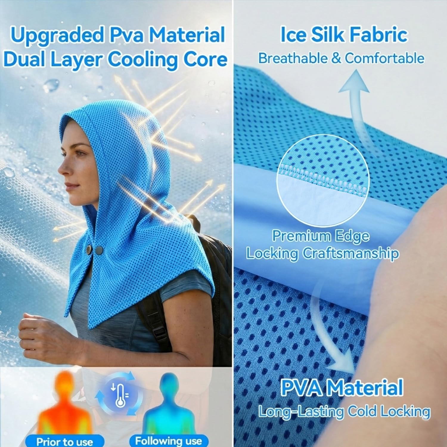 Upgraded PVA Cooling Hoodie Towels -UPF 50+ Sun Proteciton Instant Cooling Towel for Neck & Face,Sweat-Absorbent Ice Towel for Hot Weather, Sports, Camping, Cycling & Outdoor Activities (Blue)