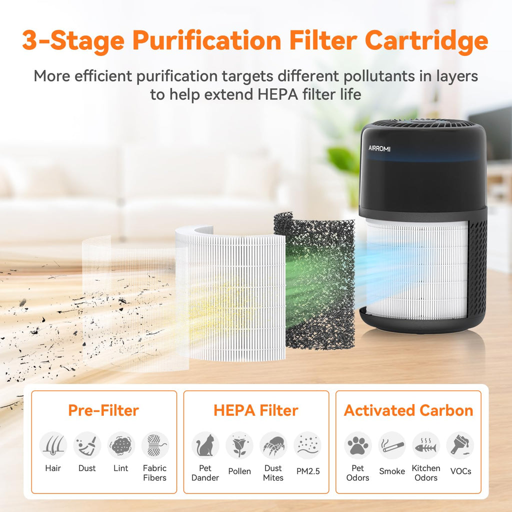 AIRROMI HEPA Air Purifier for Bedroom&Home,Pet Air Purifier for Home Pets,Removes Pet Odor,Cat Litter Smell,Dust,Smoke&Allergies,Quiet Room Air Purifier with Scents,360°Air Cleaner,A2005 Black