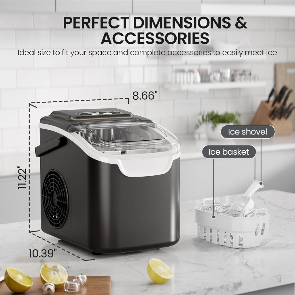 Countertop Portable Ice Maker Machine with Handle, 8 Bullet-Shaped Ice Cubes Ready in 6 Mins, 26Lbs/24H, Self-Cleaning Function with Ice Scoop and Basket for Home/Kitchen/Party (Black)