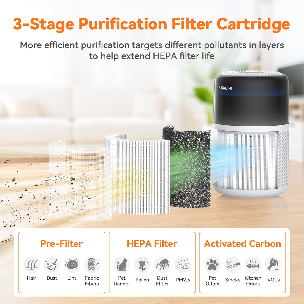 AIRROMI HEPA Air Purifier for Bedroom&Home,Pet Air Purifier for Home Pets,Removes Pet Odor,Cat Litter Smell,Dust,Smoke&Allergies,Quiet Room Air Purifier with Scents,360°Air Cleaner,A2005 Black