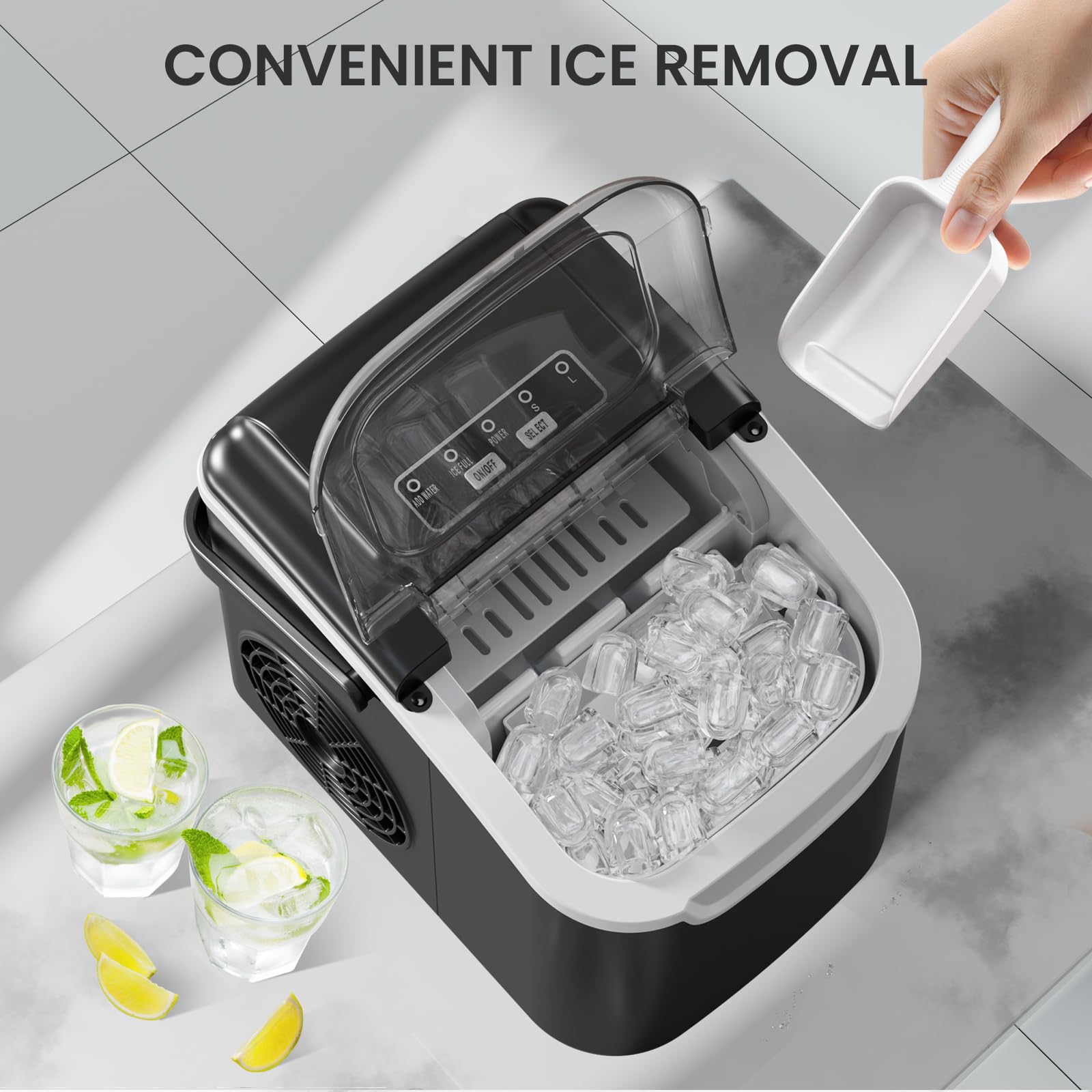 Countertop Portable Ice Maker Machine with Handle, 8 Bullet-Shaped Ice Cubes Ready in 6 Mins, 26Lbs/24H, Self-Cleaning Function with Ice Scoop and Basket for Home/Kitchen/Party (Black)