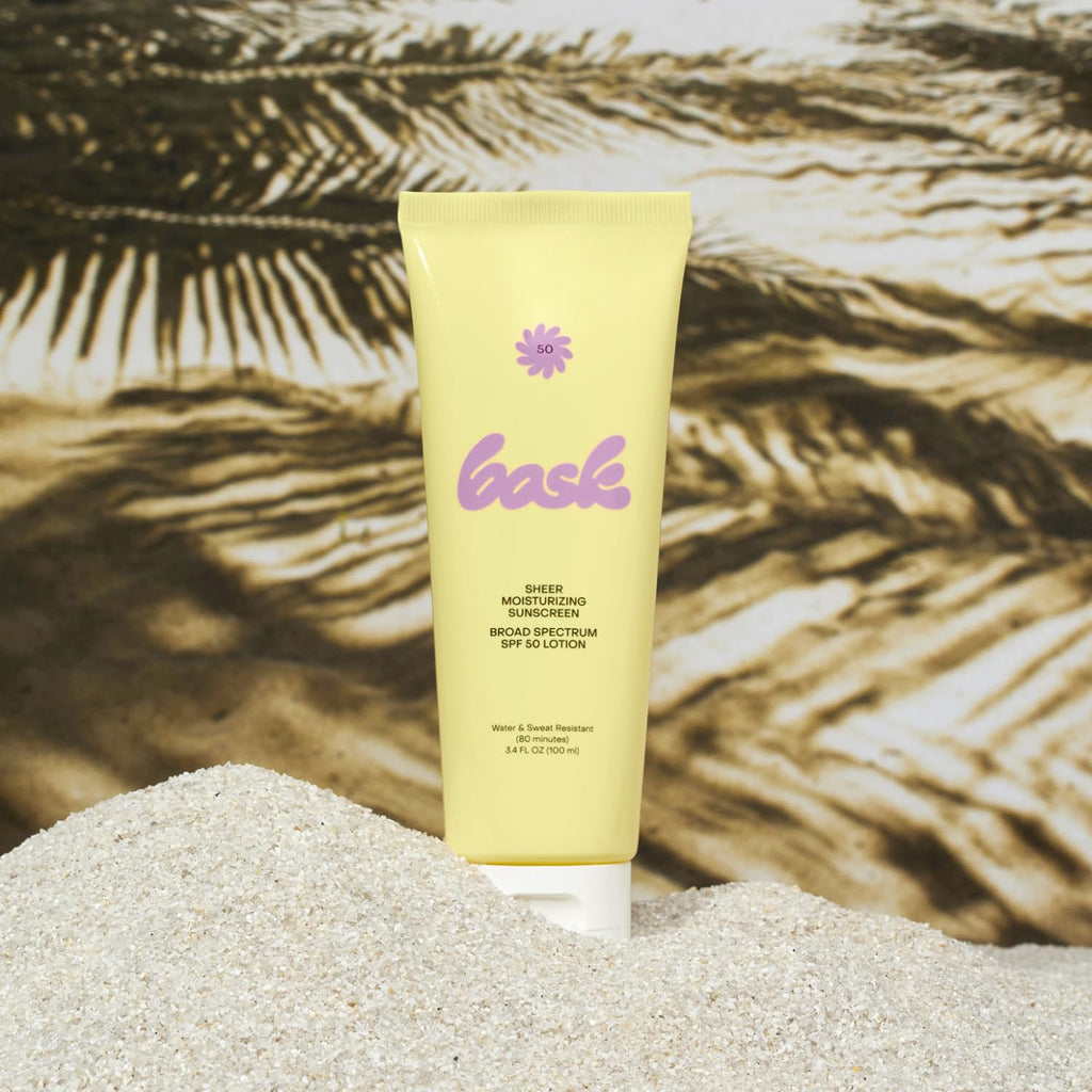 Bask SPF 50 Sheer Moisturizing Sunscreen Lotion - Broad Spectrum UVA/UVB Protection, Dermatologist Recommended, Hydrating, Lightweight & Non-Greasy, No White Cast, Travel Size, 3.4 fl oz