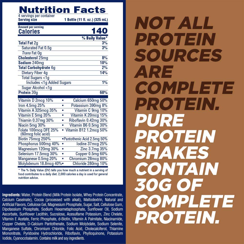Pure Protein Chocolate Protein Shake | 30g Complete Protein | Ready to Drink and Keto-Friendly | Vitamins A, C, D, and E plus Zinc to Support Immune Health | 11 Fl Oz (Pack of 4)