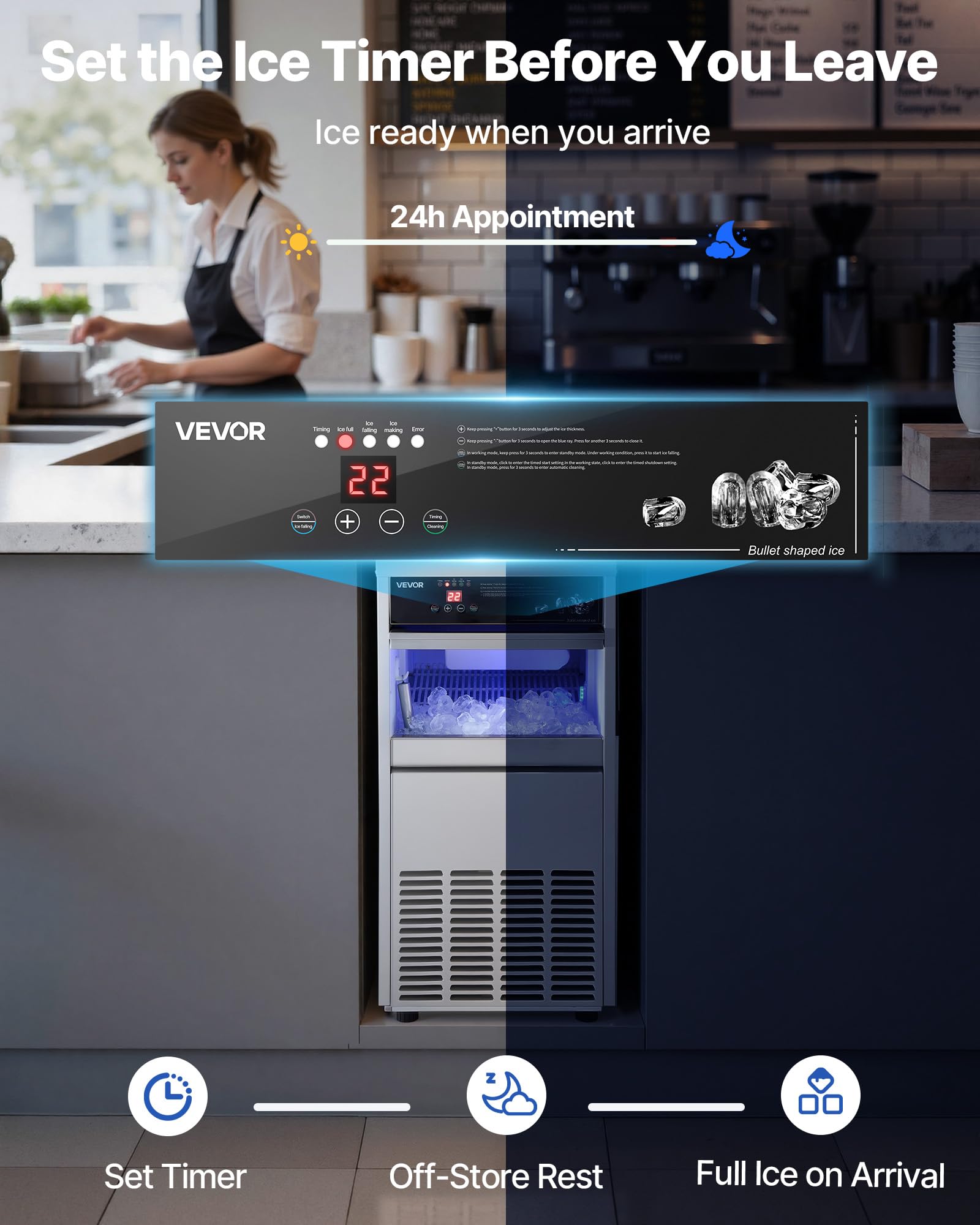 VEVOR Commercial Ice Maker Machine, 80 lbs/24h with 13 lbs Storage Capacity, Countertop/Freestanding/Under Counter, Stainless Steel Ice Maker with LED Display & Self-Cleaning, for Home Bar Restaurant