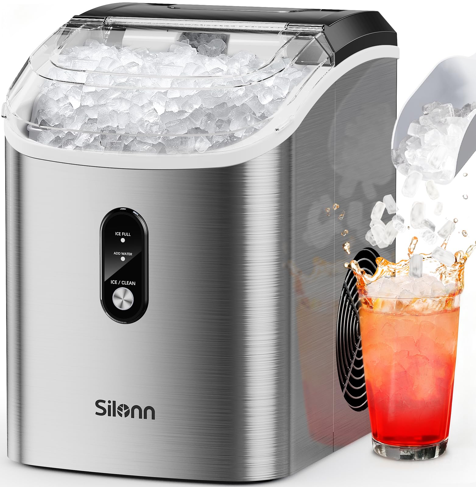 Silonn Nugget Ice Maker Countertop Pellet Machine with Self-Cleaning, Black | 36 lbs/24H, ice in 6 mins, soft chewable ice, removable cover, quiet operation, LED control panel, compact design