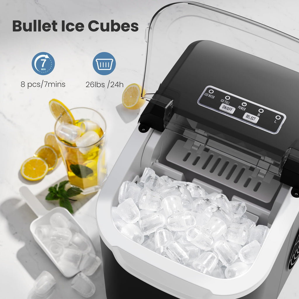 Countertop Portable Ice Maker Machine with Handle, 8 Bullet-Shaped Ice Cubes Ready in 6 Mins, 26Lbs/24H, Self-Cleaning Function with Ice Scoop and Basket for Home/Kitchen/Party (Black)