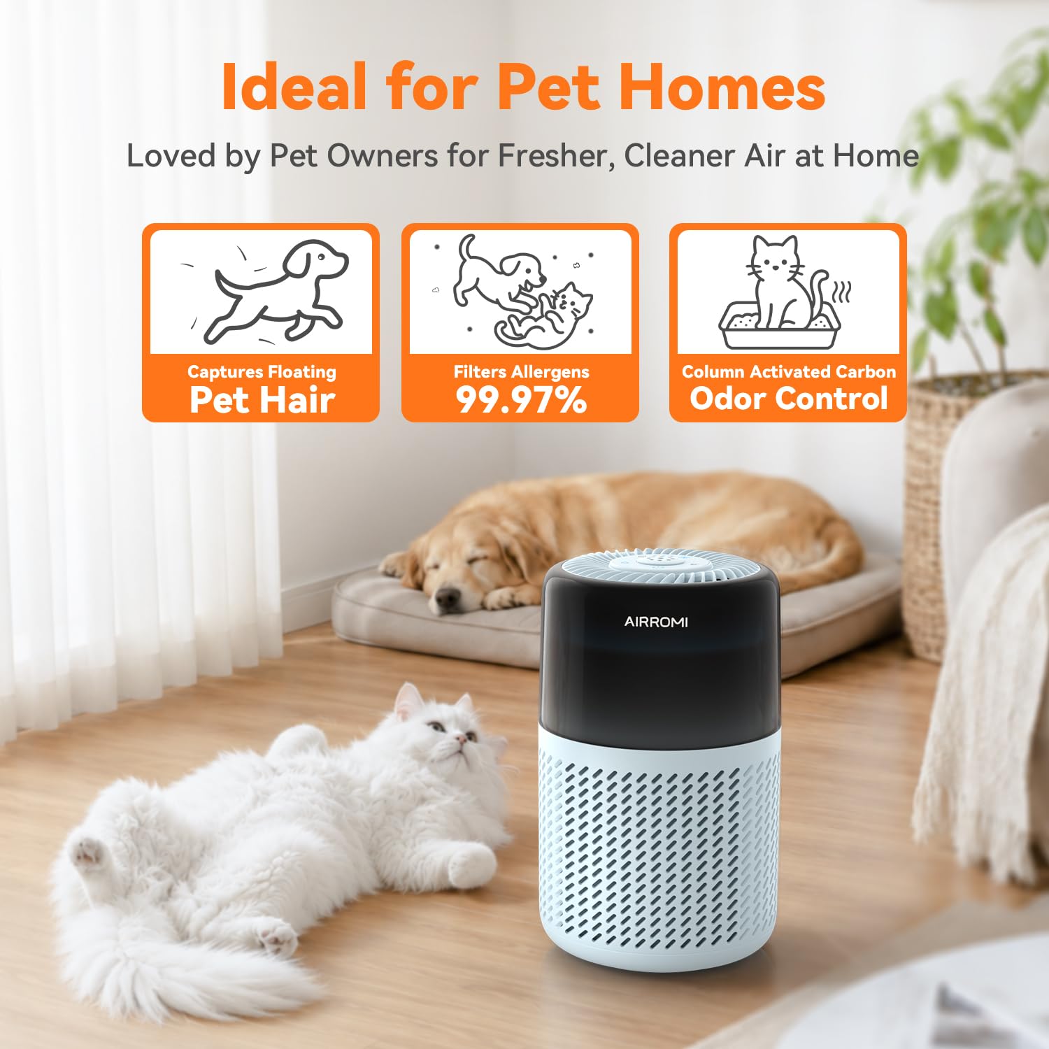 AIRROMI HEPA Air Purifier for Bedroom&Home,Pet Air Purifier for Home Pets,Removes Pet Odor,Cat Litter Smell,Dust,Smoke&Allergies,Quiet Room Air Purifier with Scents,360°Air Cleaner,A2005 Black