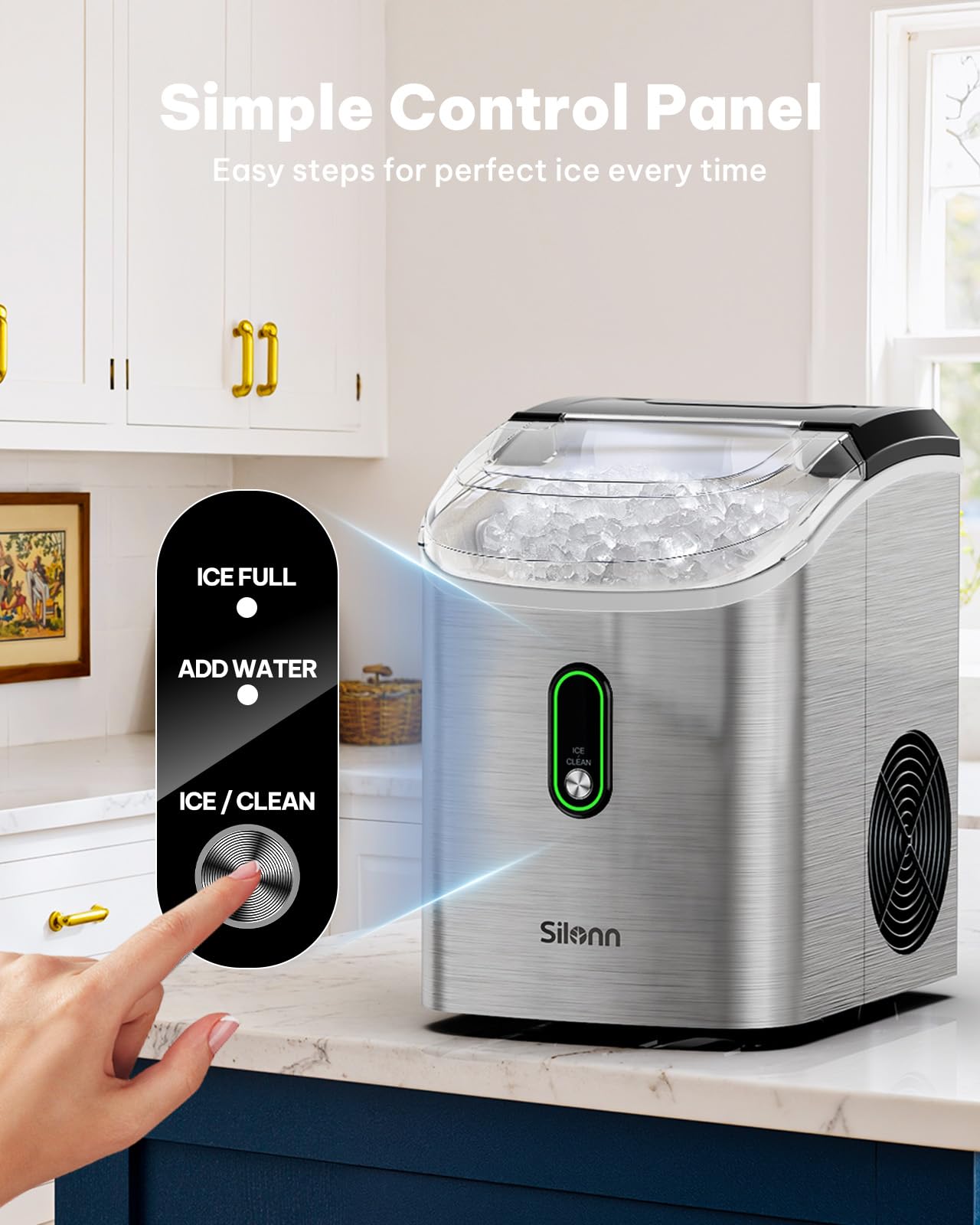 Silonn Nugget Ice Maker Countertop Pellet Machine with Self-Cleaning, Black | 36 lbs/24H, ice in 6 mins, soft chewable ice, removable cover, quiet operation, LED control panel, compact design