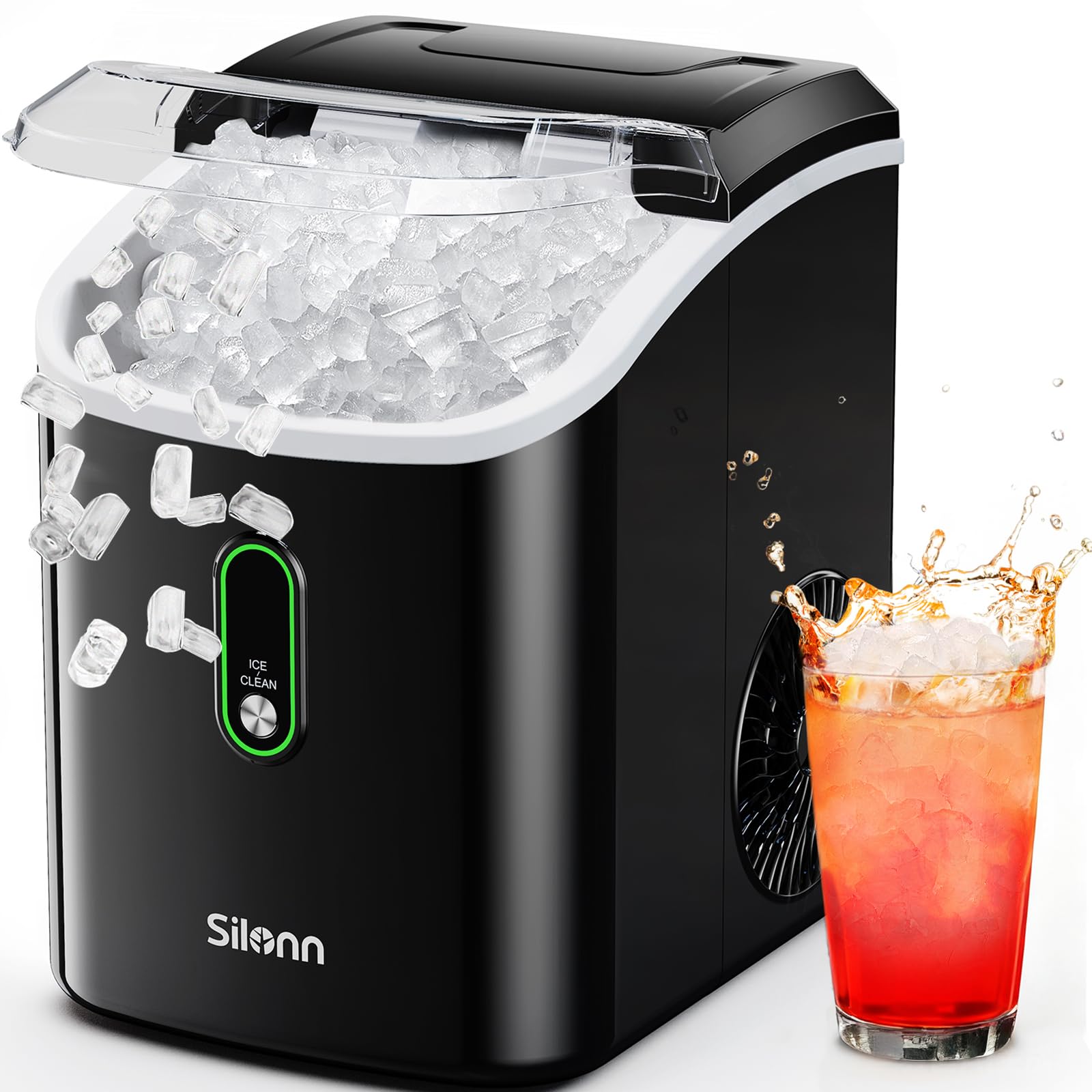 Silonn Nugget Ice Maker Countertop Pellet Machine with Self-Cleaning, Black | 36 lbs/24H, ice in 6 mins, soft chewable ice, removable cover, quiet operation, LED control panel, compact design