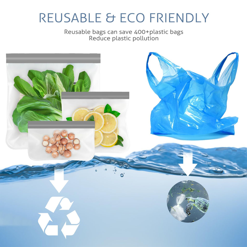 Reusable Gallon Freezer Bags, 10 Pack Dishwasher Safe Silicone Food Snack Storage Bags with 3 Sizes for Snack, Sandwich, Lunch