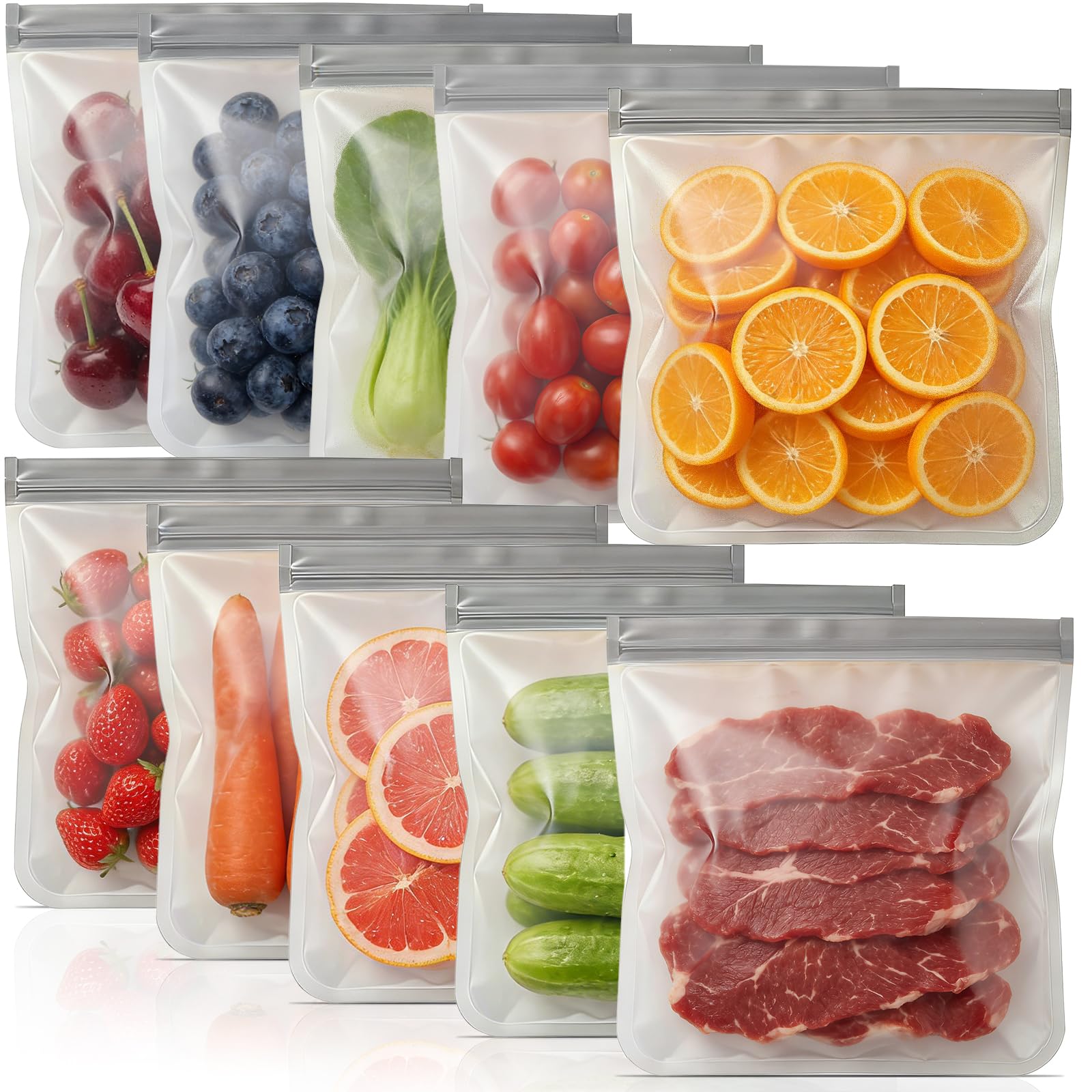 10 Pack Reusable Freezer Bags, Leakproof Reusable Silicone Food Storage Bags BPA Free Contaizers, Snack Sandwich Gallon Bags for Meal Prep, Marinate Meat, Salad Fruit, Veggies, Lunch, Travel, Kitchen