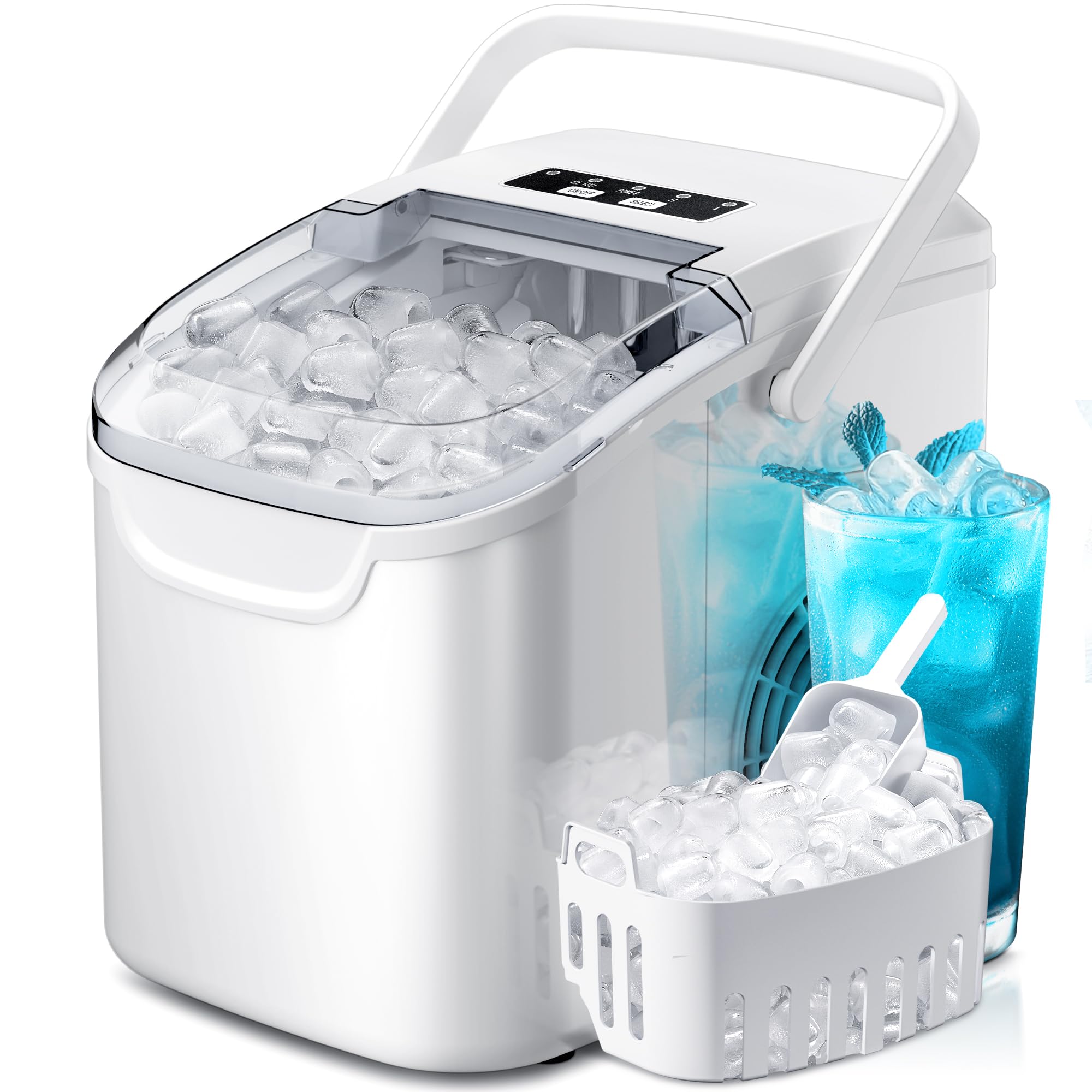 Countertop Portable Ice Maker Machine with Handle, 8 Bullet-Shaped Ice Cubes Ready in 6 Mins, 26Lbs/24H, Self-Cleaning Function with Ice Scoop and Basket for Home/Kitchen/Party (Black)