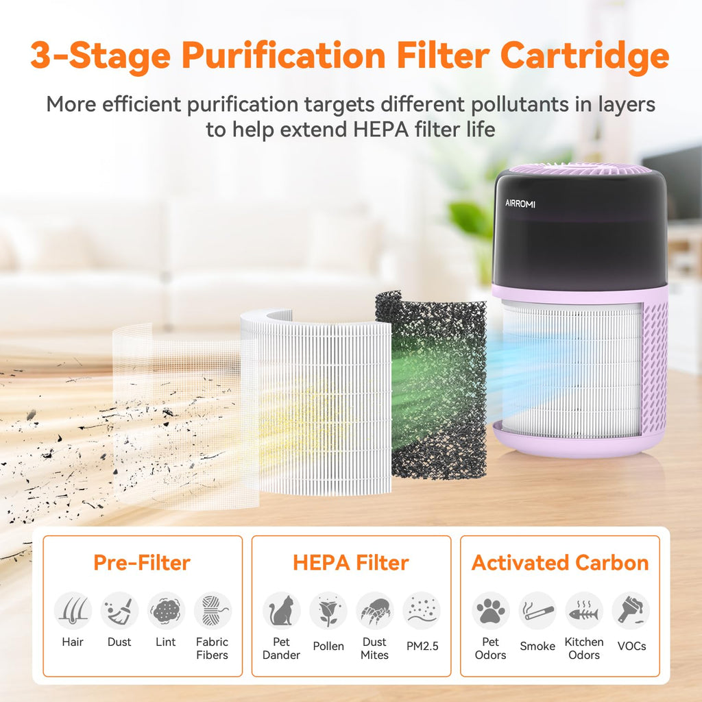 AIRROMI HEPA Air Purifier for Bedroom&Home,Pet Air Purifier for Home Pets,Removes Pet Odor,Cat Litter Smell,Dust,Smoke&Allergies,Quiet Room Air Purifier with Scents,360°Air Cleaner,A2005 Black