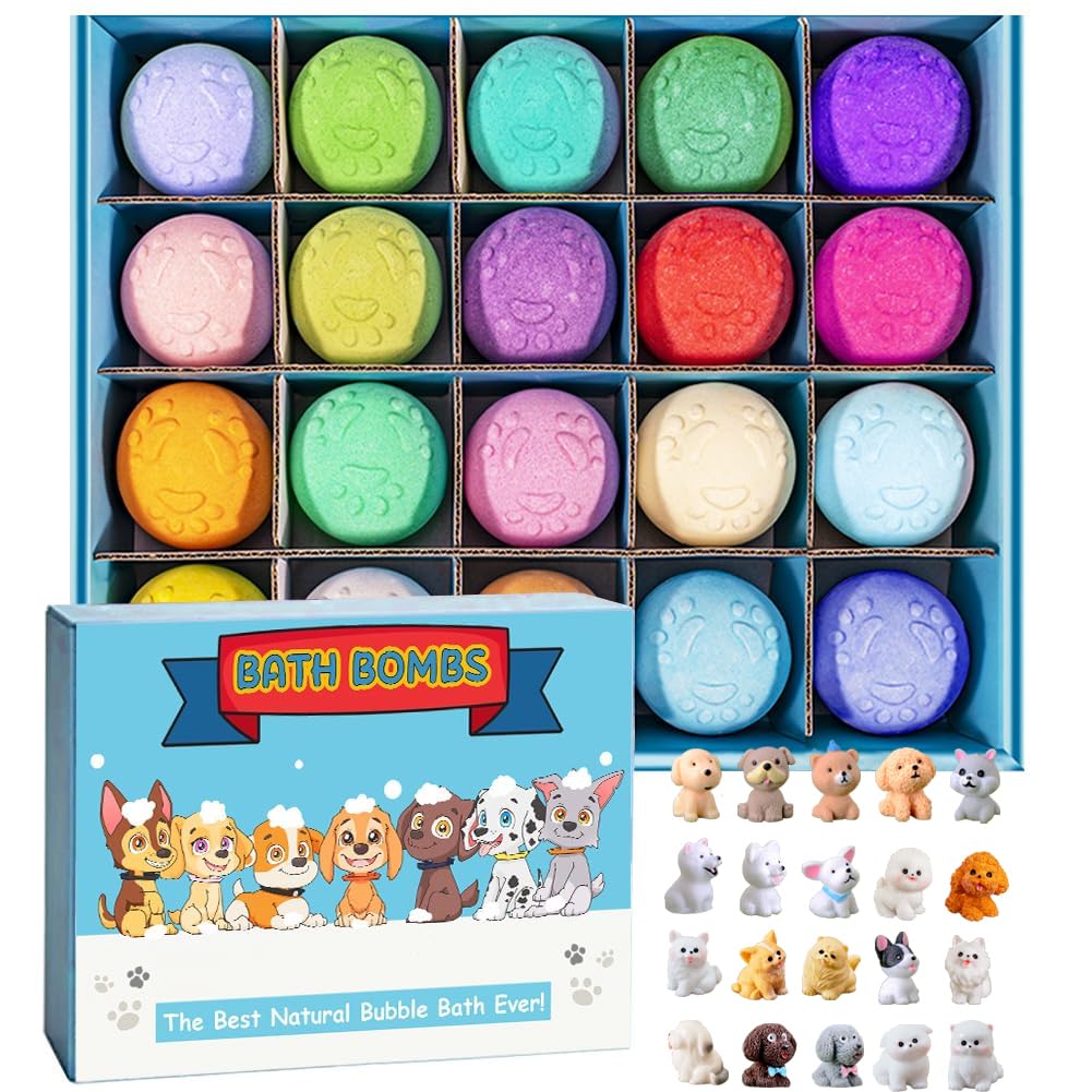 Kids Bath Bombs with Surprise Inside, 20 Pack Bring Dog and cat Toys Gift Set, Natural Organic Bubble Bath Foam Bath
