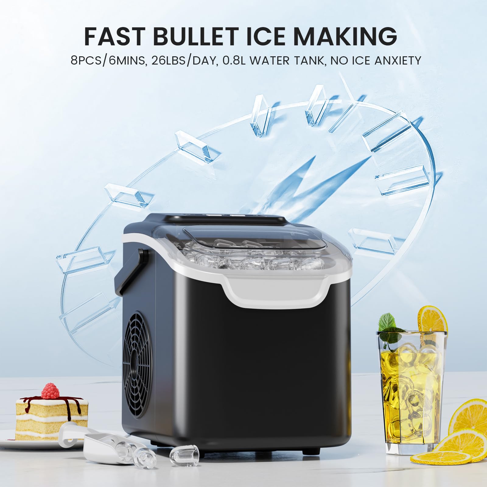 Countertop Portable Ice Maker Machine with Handle, 8 Bullet-Shaped Ice Cubes Ready in 6 Mins, 26Lbs/24H, Self-Cleaning Function with Ice Scoop and Basket for Home/Kitchen/Party (Black)