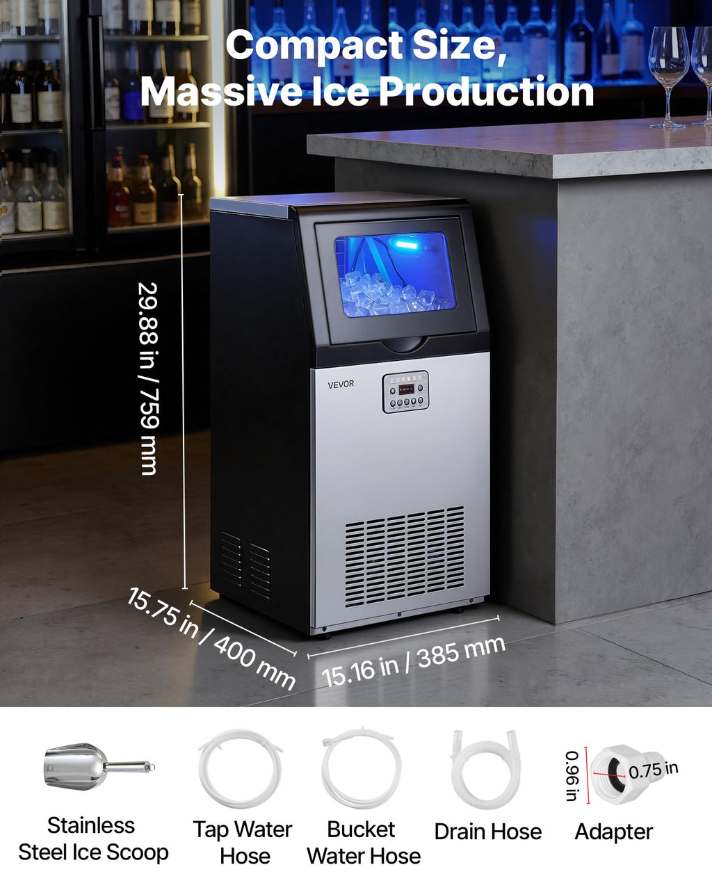 VEVOR Commercial Ice Maker Machine, 80 lbs/24h with 13 lbs Storage Capacity, Countertop/Freestanding/Under Counter, Stainless Steel Ice Maker with LED Display & Self-Cleaning, for Home Bar Restaurant