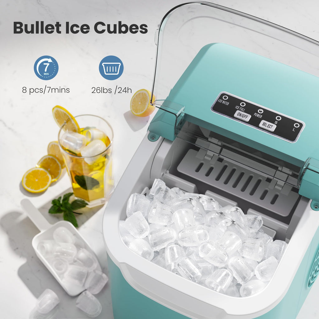 Countertop Portable Ice Maker Machine with Handle, 8 Bullet-Shaped Ice Cubes Ready in 6 Mins, 26Lbs/24H, Self-Cleaning Function with Ice Scoop and Basket for Home/Kitchen/Party (Black)