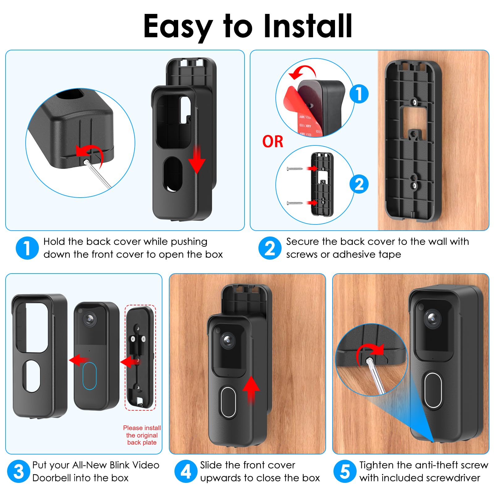 No Drill Blink Doorbell Camera Mount for All-new Blink Video Doorbell (2nd Gen), Mounting Bracket Cover with Adhesive Tape, Easy to Install for Apartment, Office, Home