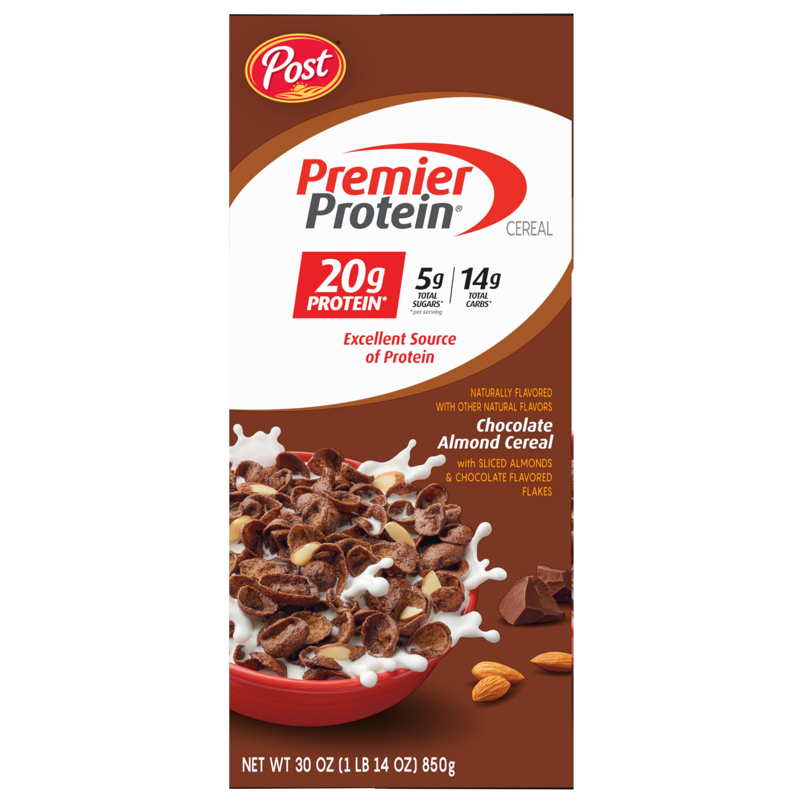 Premier Protein Chocolate Almond Cereal, Chocolatey Protein Cereal Flakes with Sliced Almonds, Contains 20g of Protein Per Serving, 9 OZ Box (Pack of 2)