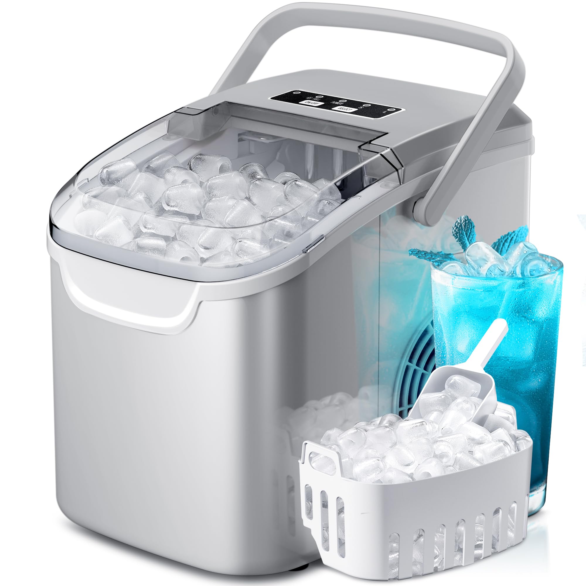 Countertop Portable Ice Maker Machine with Handle, 8 Bullet-Shaped Ice Cubes Ready in 6 Mins, 26Lbs/24H, Self-Cleaning Function with Ice Scoop and Basket for Home/Kitchen/Party (Black)