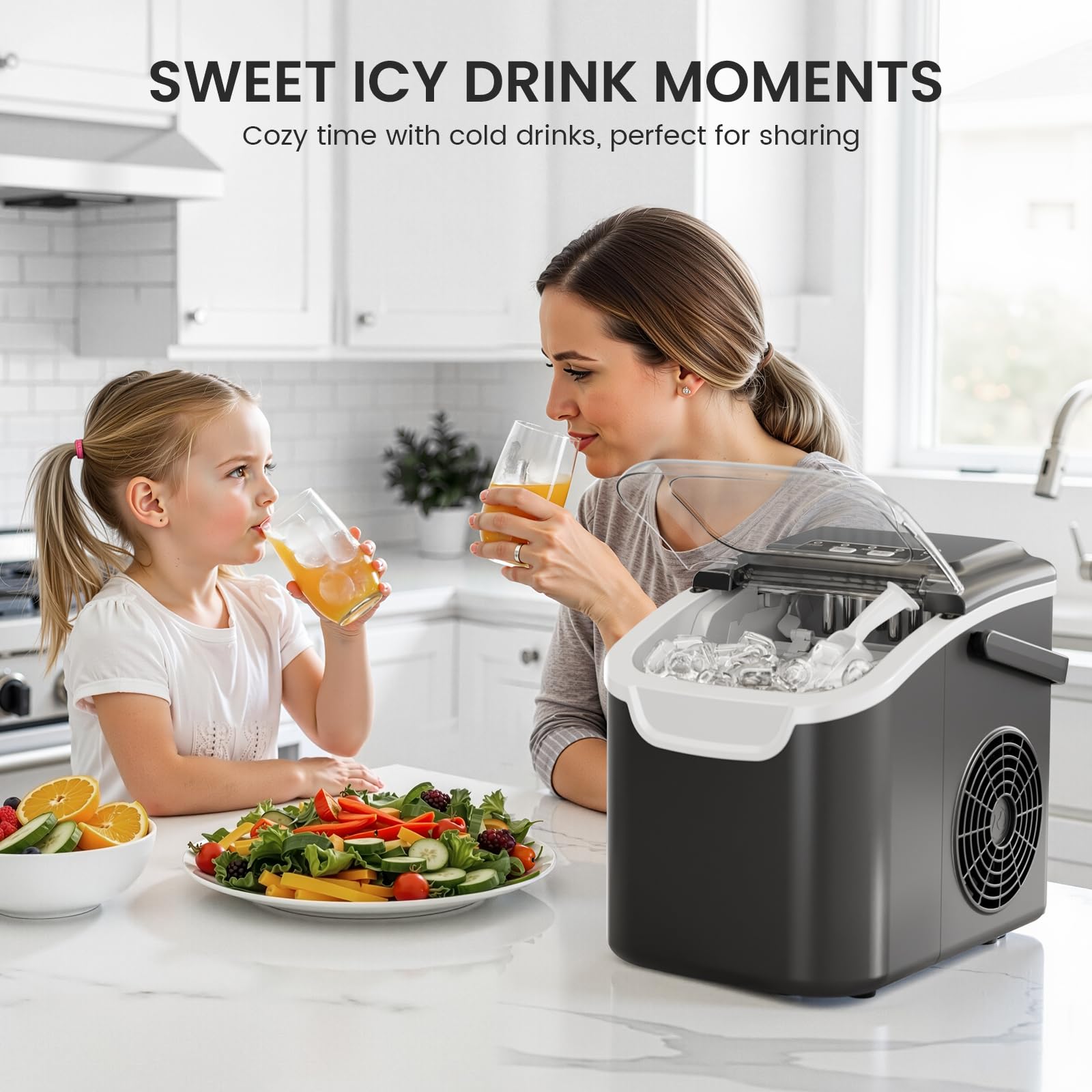 Countertop Portable Ice Maker Machine with Handle, 8 Bullet-Shaped Ice Cubes Ready in 6 Mins, 26Lbs/24H, Self-Cleaning Function with Ice Scoop and Basket for Home/Kitchen/Party (Black)