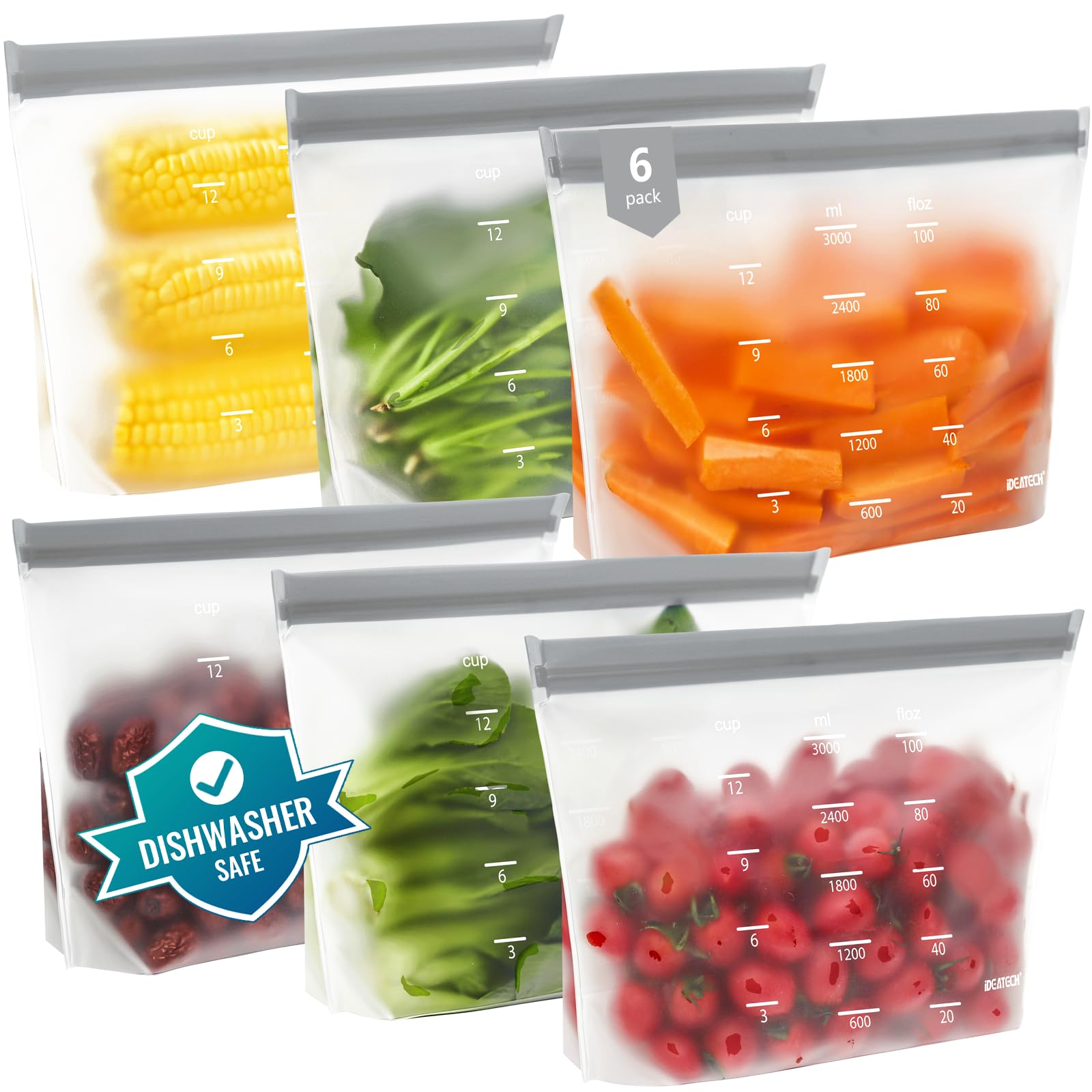 IDEATECH Reusable Bags Dishwasher Safe, BPA Free Reusable Gallon Freezer Bags, Stand Up Leakproof Food Storage Bags for Marinate Meats, Salad Fruit, Home Organization 6 Large+ 6 Sandwich+ 8 Snack Bags