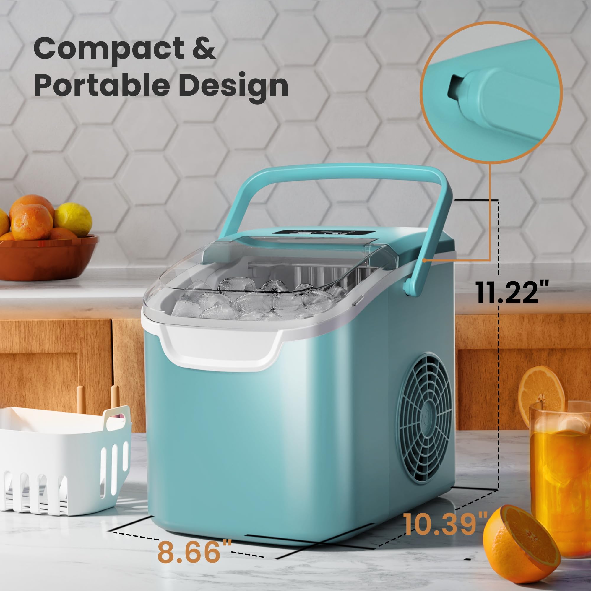 Countertop Portable Ice Maker Machine with Handle, 8 Bullet-Shaped Ice Cubes Ready in 6 Mins, 26Lbs/24H, Self-Cleaning Function with Ice Scoop and Basket for Home/Kitchen/Party (Black)