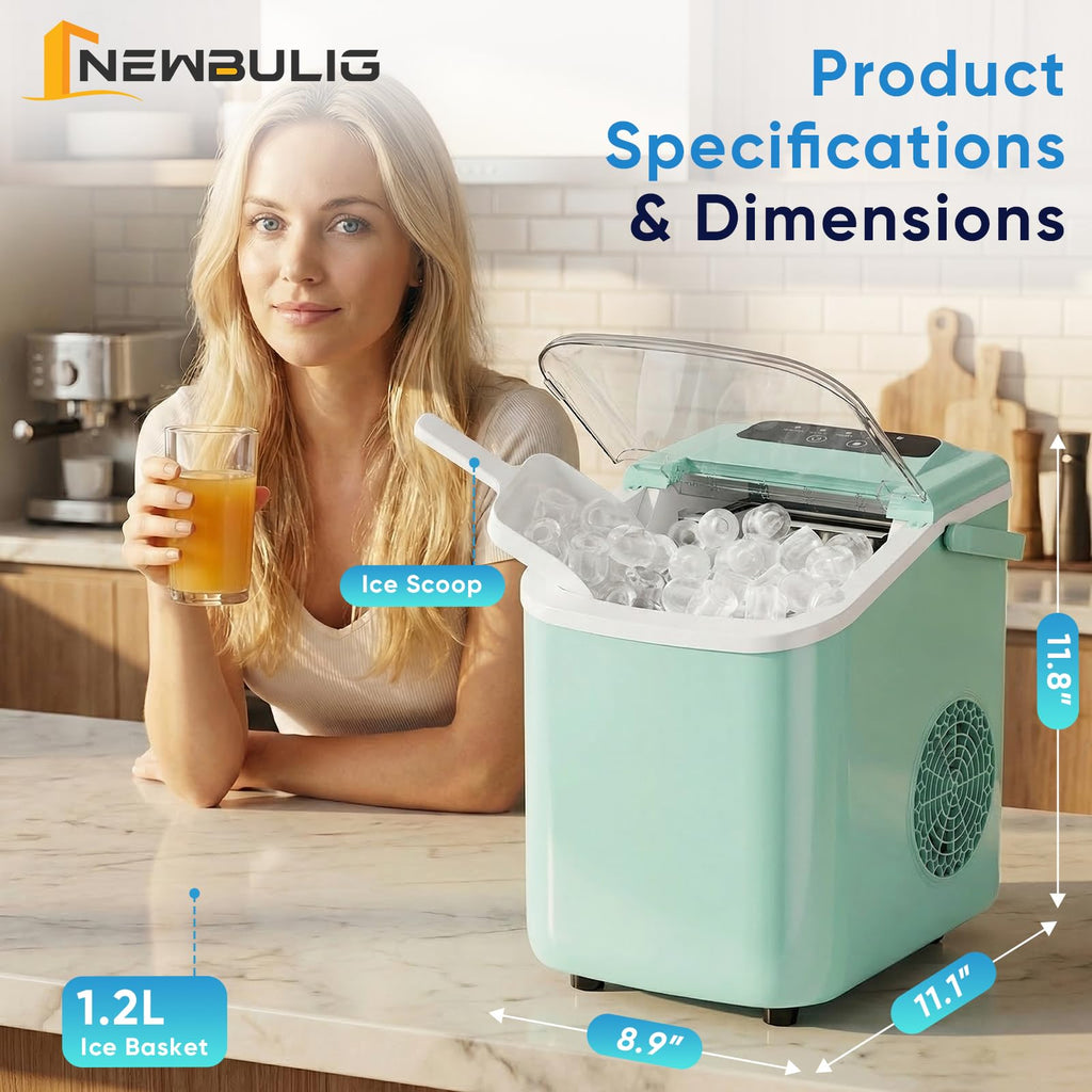 NEWBULIG Ice Maker, Countertop Ice Machine with Handle | 9 Bullet Cubes in 6-8 Mins, 26lbs Daily, Self-Cleaning with Basket and Scoop for Home/Kitchen/Camping/RV
