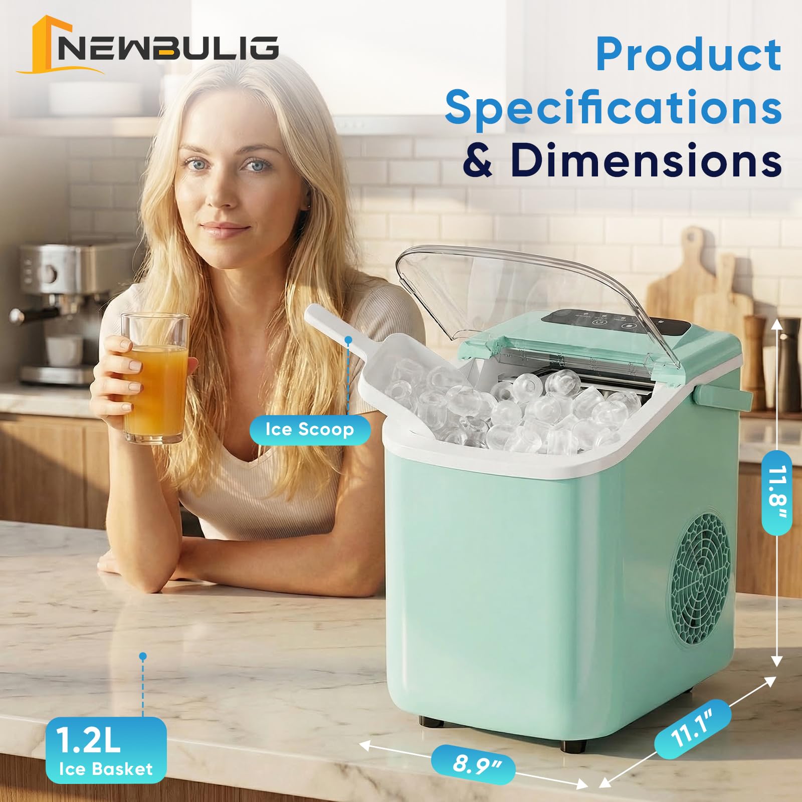 NEWBULIG Ice Maker, Countertop Ice Machine with Handle | 9 Bullet Cubes in 6-8 Mins, 26lbs Daily, Self-Cleaning with Basket and Scoop for Home/Kitchen/Camping/RV