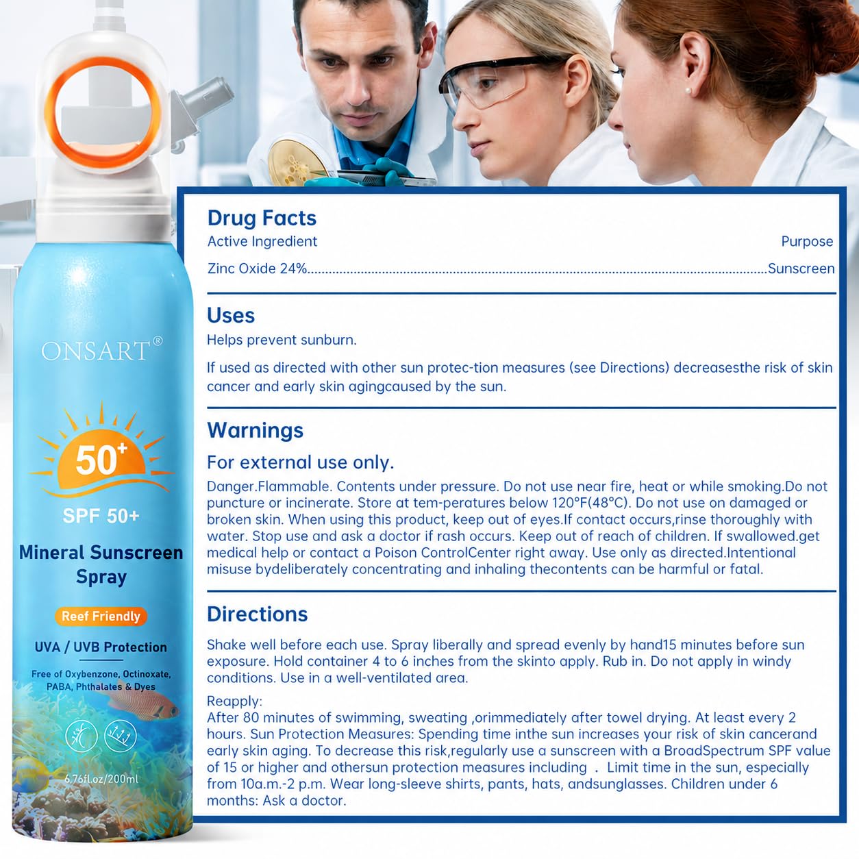 Reef Safe Mineral Sunscreen Spray SPF 50+ with Zinc Oxide, Broad Spectrum UVA/UVB Protection, Lightweight Non-Greasy, Travel Size Sunscreen for Face & Body, Water & Sweat Resistant, 6.76 oz(2 Pack)