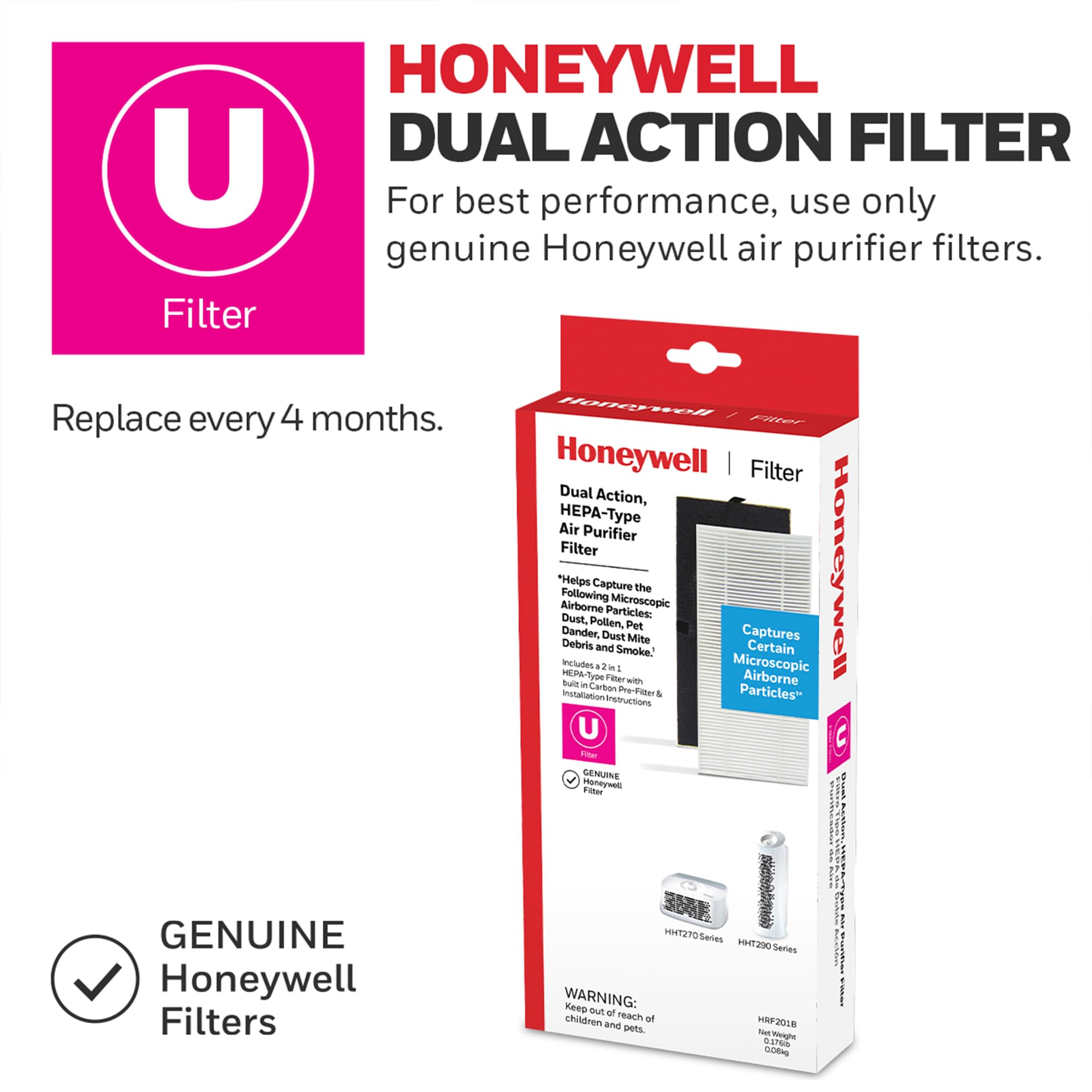 Honeywell Air Purifier for Home, 465 Ft² in 1 hour, Dual Action Filter, Reduces Dust, Pollen, Pet Dander, Odors, Smoke, Compact Allergen Reducer, Small Air Purifier, White HHT270