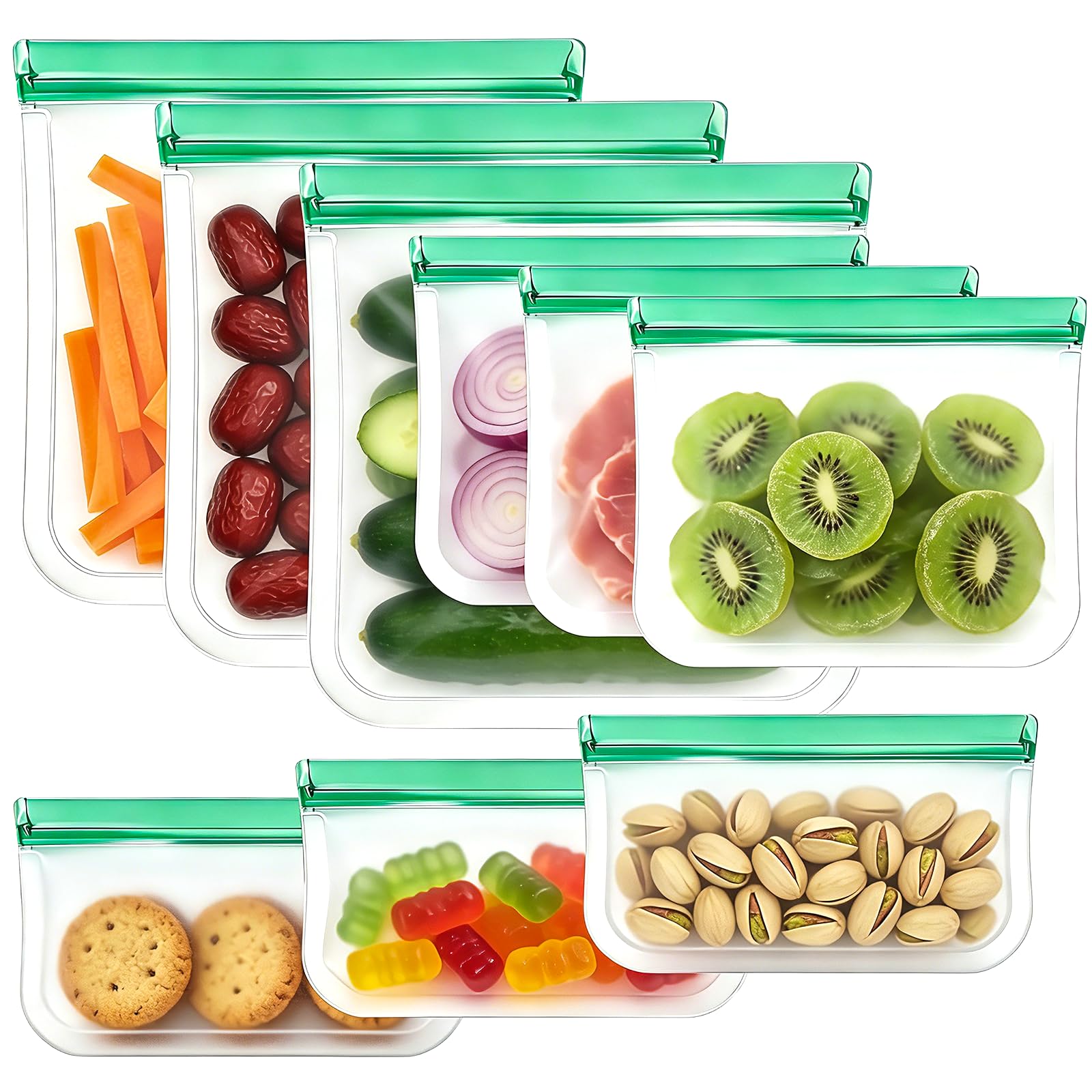 9 Pack Reusable Silicone Food Storage Bags - Freezer & Dishwasher Safe Leakproof Reusable Bags, Freezer Storage Bags Sets - 3 Gallon 3 Snack 3 Sandwich Bags