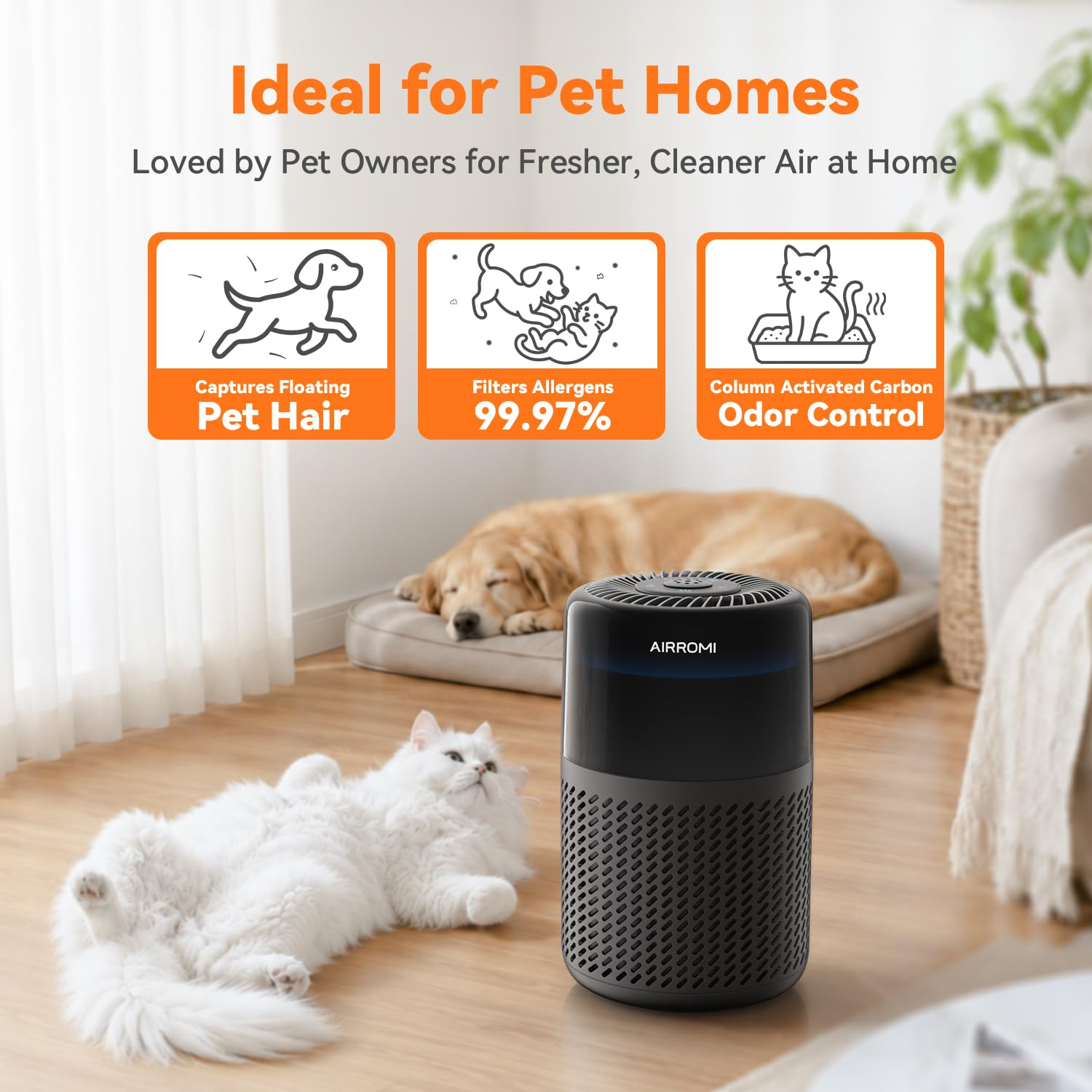 AIRROMI HEPA Air Purifier for Bedroom&Home,Pet Air Purifier for Home Pets,Removes Pet Odor,Cat Litter Smell,Dust,Smoke&Allergies,Quiet Room Air Purifier with Scents,360°Air Cleaner,A2005 Black