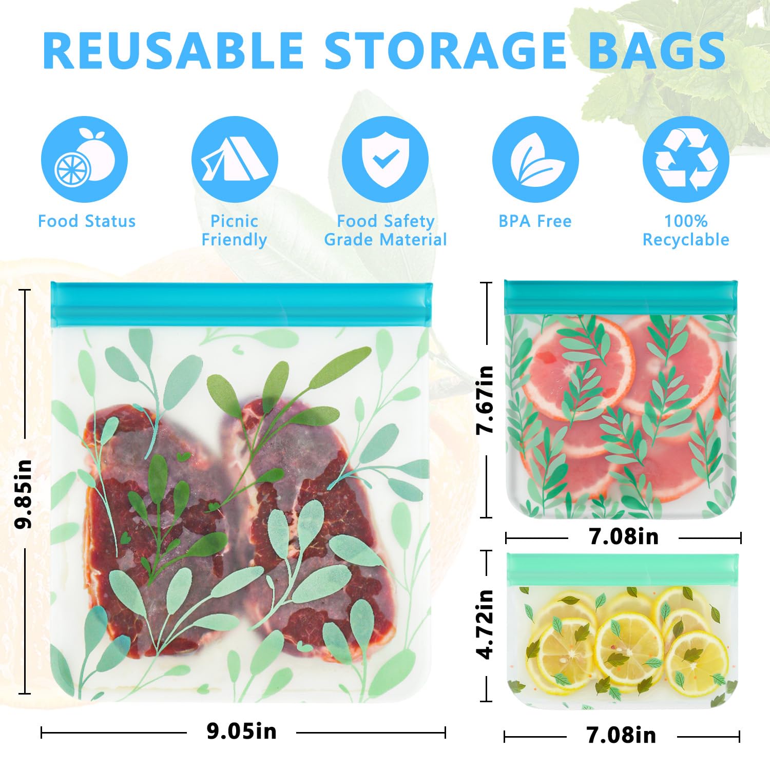 10 Pack Dishwasher Safe Reusable PEVA Food Storage Bags, Leak proof Reusable Freezer Bags for Food Storage Home Organization Traval & Make-up BPA FREE for Food Storage Home BPA FREE for Salad Fruit