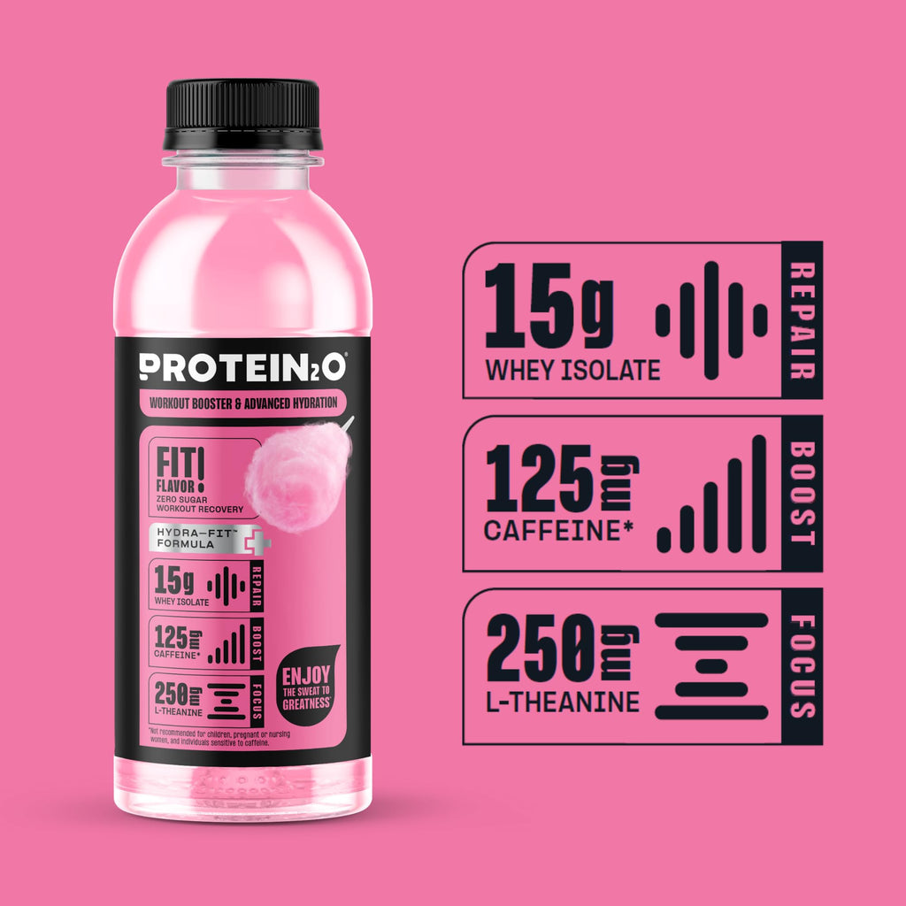 Protein2o 15g Whey Protein Isolate Hydration Drink Plus Energy & Focus, 350mg of Electrolytes, Vitamins B5 & B6, Sugar Free, Cotton Candy, 16.9 oz Bottle (Pack of 12)