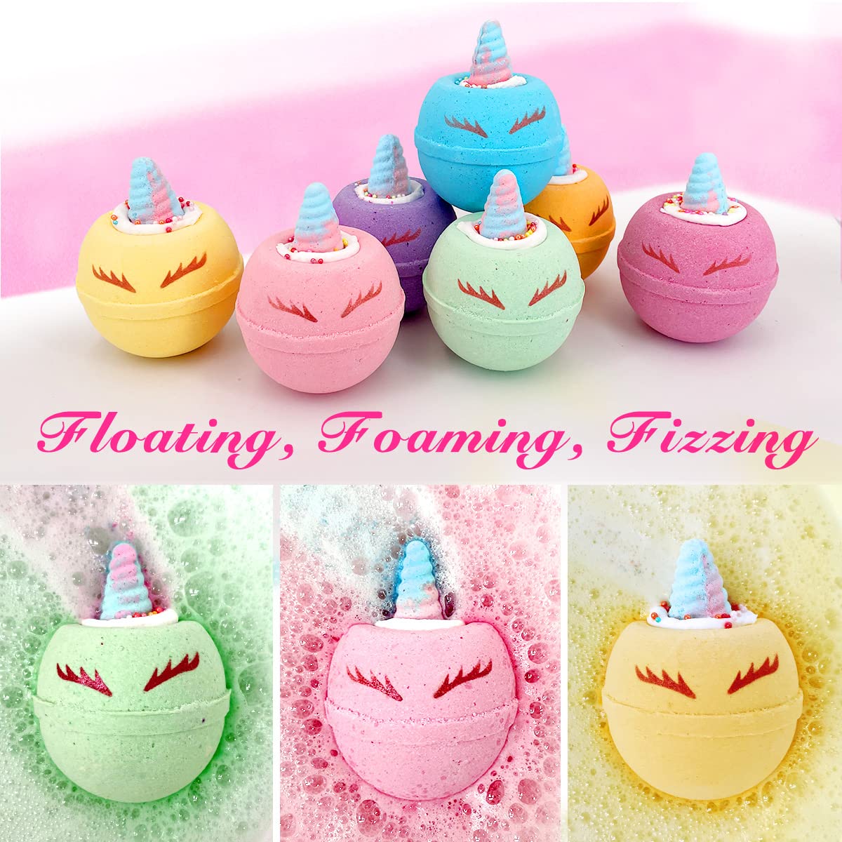 Clear&Fresh Unicorn Bath Bombs for Kids with Surprise Squishy Toys Inside, 9 Extra Large Bath Salts with Calming and Long Lasting Scent, Natural Bubble Bath Bombs for Girls Sensitive Skin