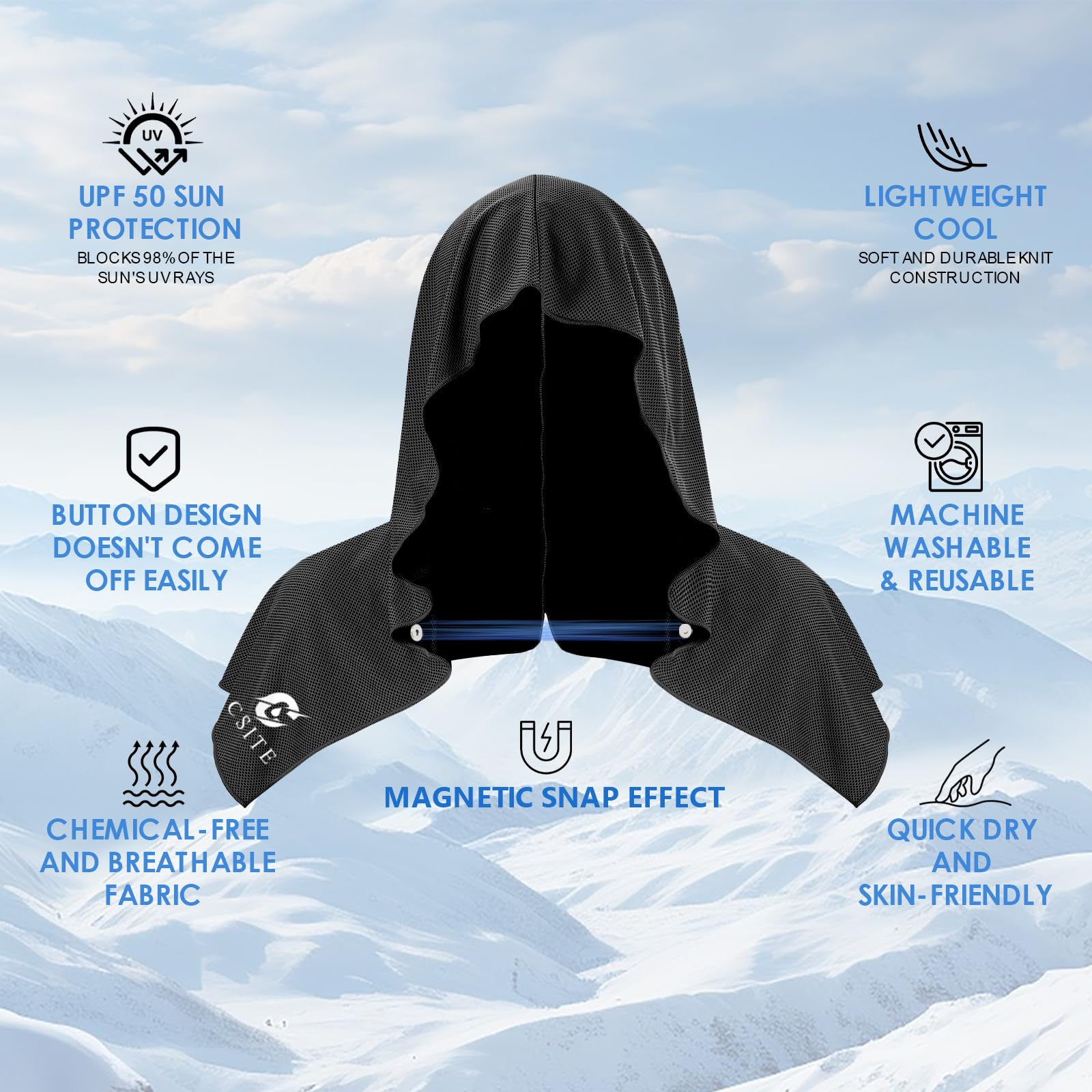 CSITE Cooling Hoodie Towels for Neck and Face, UPF 50 Sun Protection & Instant Cooling, Ice Towels for Hot Weather, Soft Breathable Towel for Sport, Work Out, Gym, Camping & More Activities（White）
