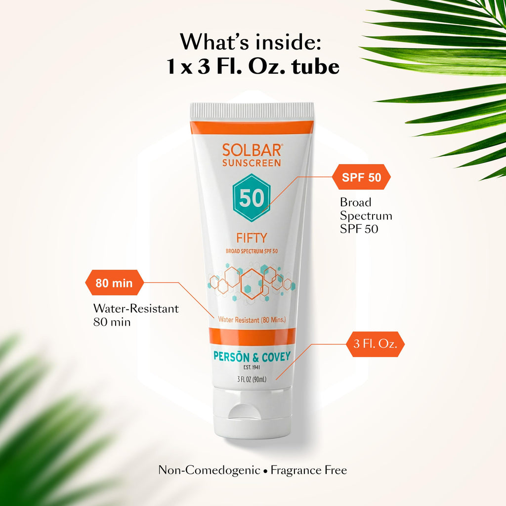Solbar Fifty SPF 50 Sunscreen for Face & Body — Broad Spectrum SPF 50 Sun Cream, Water-Resistant 80 Minutes, Non-Comedogenic Travel Size 3 Fl. Oz., Fragrance Free