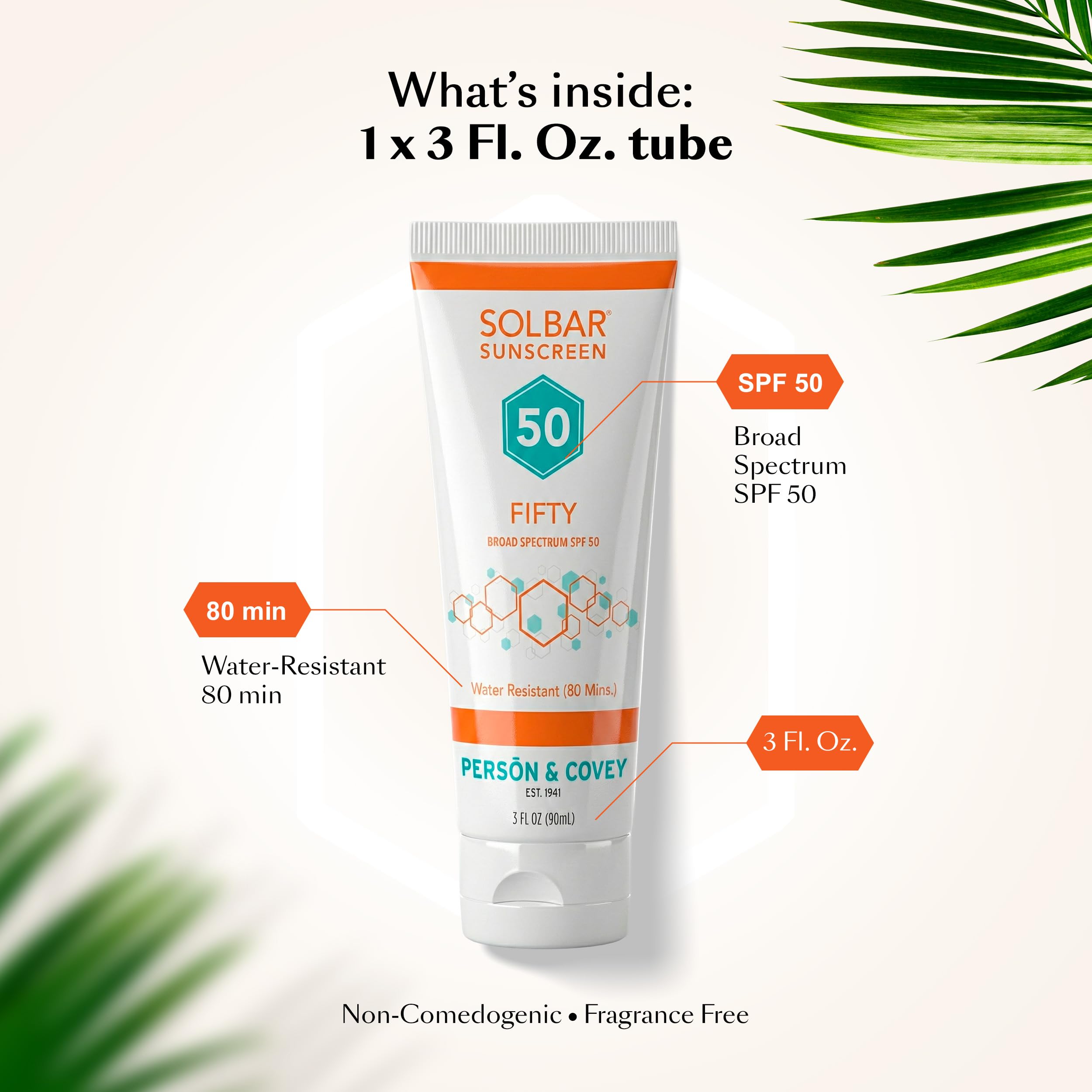 Solbar Fifty SPF 50 Sunscreen for Face & Body — Broad Spectrum SPF 50 Sun Cream, Water-Resistant 80 Minutes, Non-Comedogenic Travel Size 3 Fl. Oz., Fragrance Free