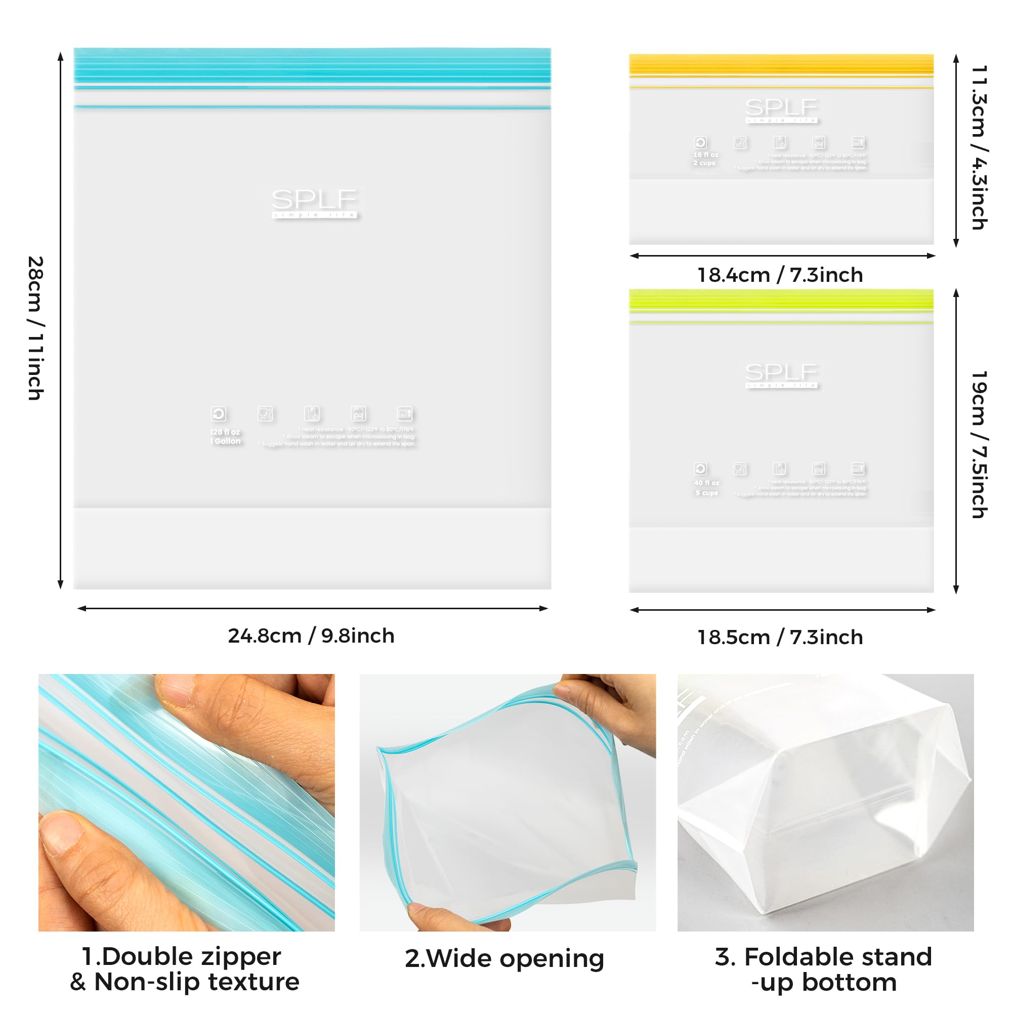 SPLF 24 Pack Reusable Food Storage Bags Dishwasher Microwave Safe, BPA Free Reusable Freezer Bags, Silicone Free Containers for Meal Prep, Fridge Kitchen Organization - 8 Gallon 8 Sandwich 8 Snack