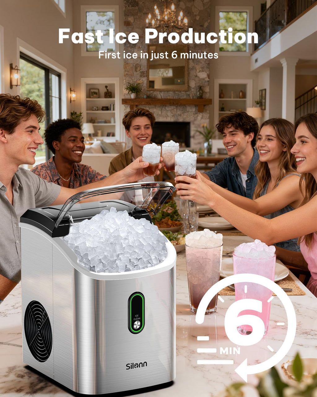 Silonn Nugget Ice Maker Countertop Pellet Machine with Self-Cleaning, Black | 36 lbs/24H, ice in 6 mins, soft chewable ice, removable cover, quiet operation, LED control panel, compact design