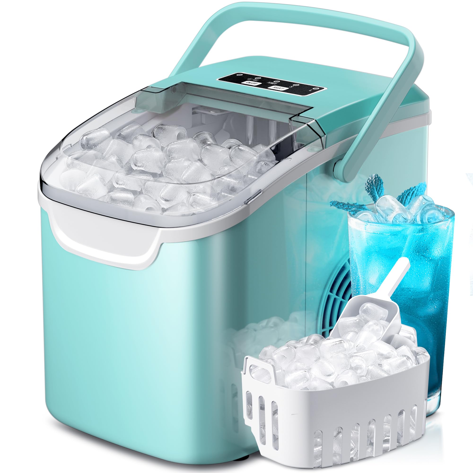 Countertop Portable Ice Maker Machine with Handle, 8 Bullet-Shaped Ice Cubes Ready in 6 Mins, 26Lbs/24H, Self-Cleaning Function with Ice Scoop and Basket for Home/Kitchen/Party (Black)
